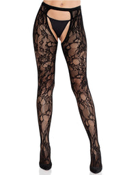 Leg Avenue Rose Lace Crotchless Tights with Open Back