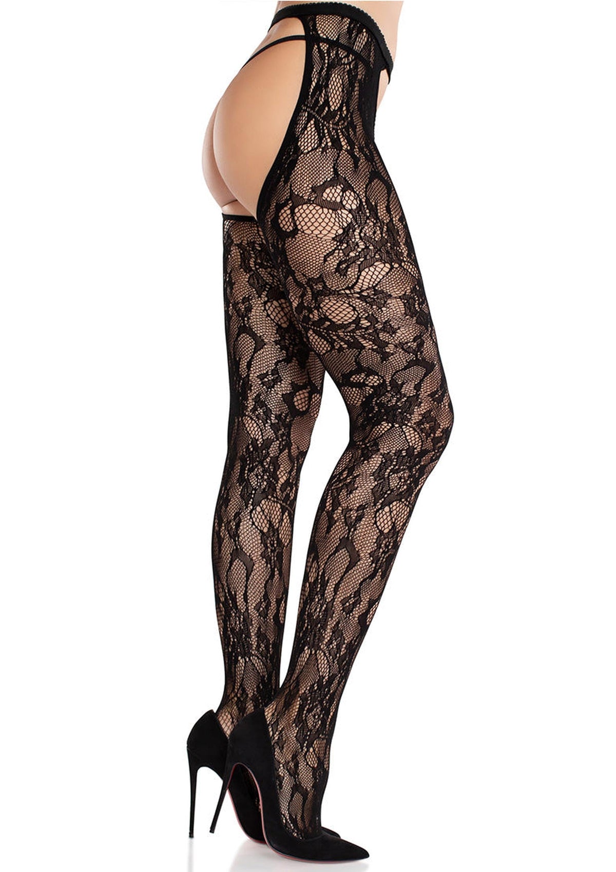 Leg Avenue Rose Lace Crotchless Tights with Open Back