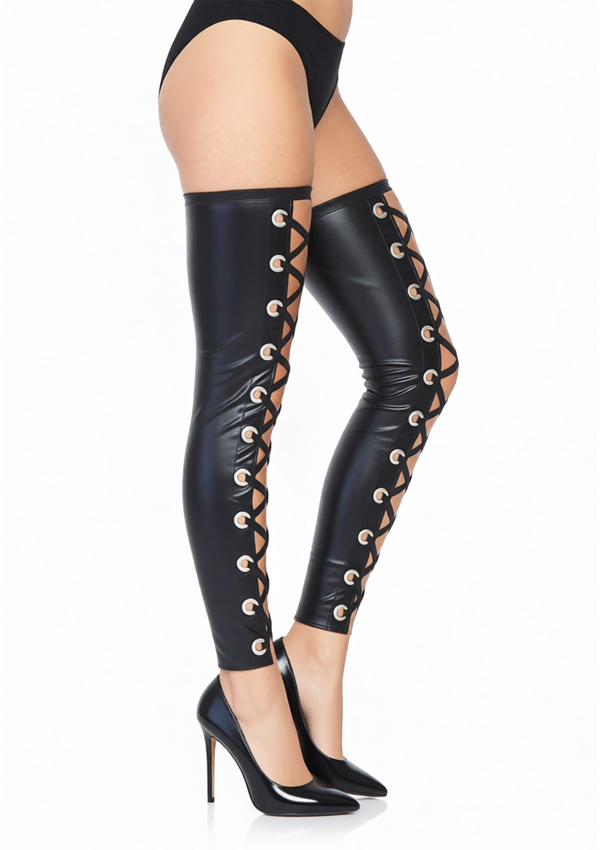 Leg Avenue Wetlook Footless Lace Up Thigh