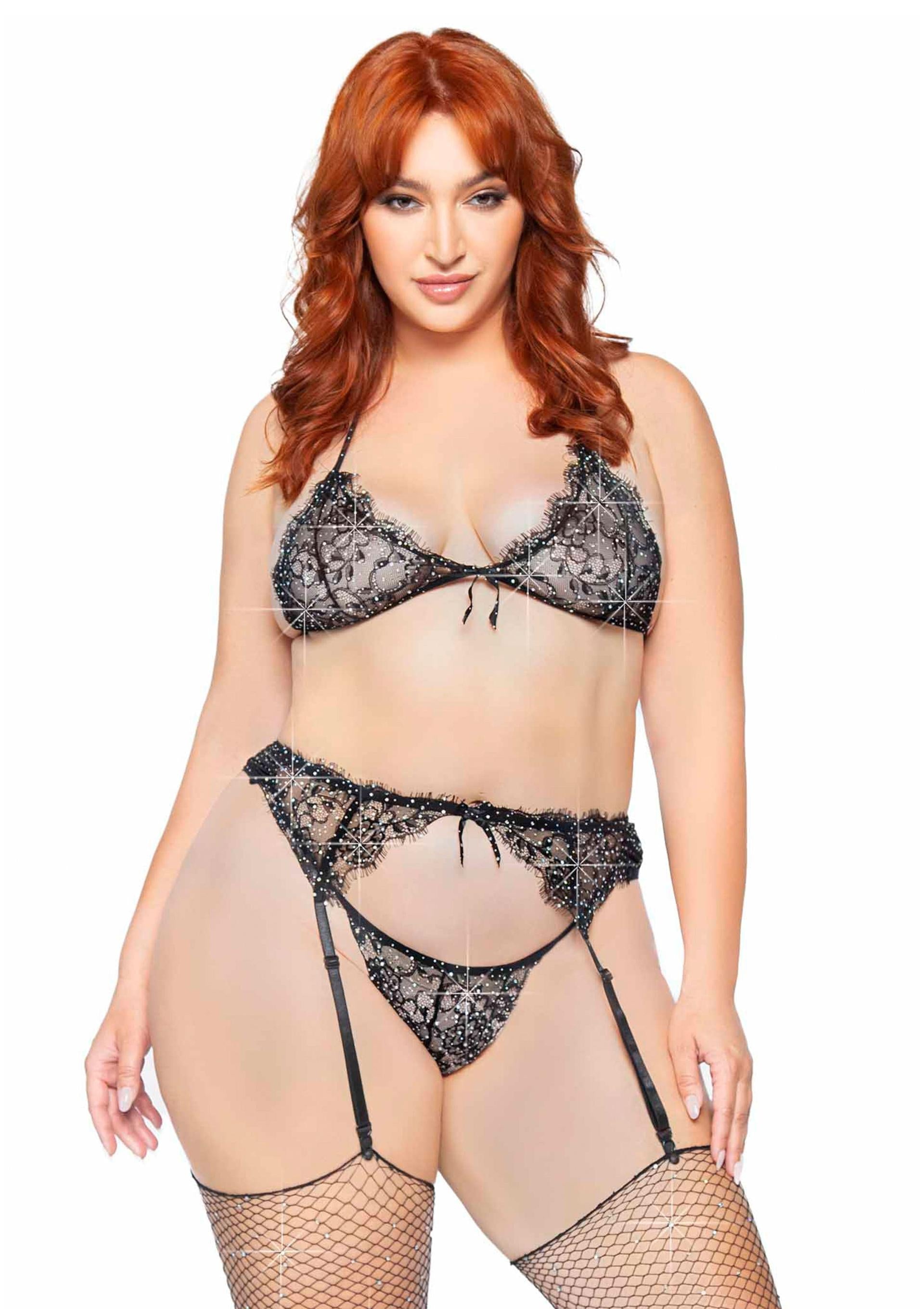 Leg Avenue Plus Lace Bra Top, String and Garter Belt