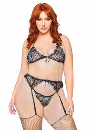 Leg Avenue Plus Lace Bra Top, String and Garter Belt