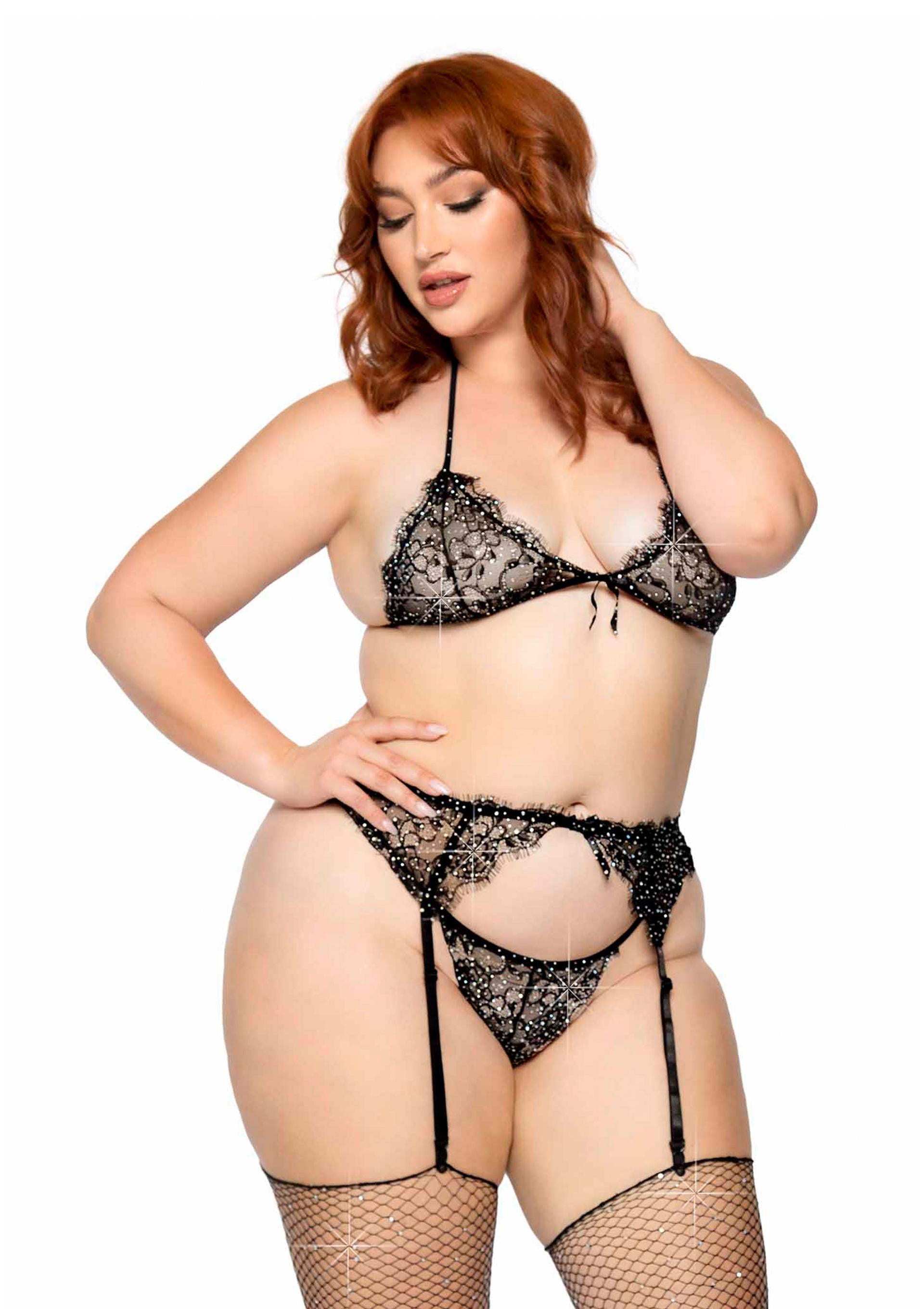 Leg Avenue Plus Lace Bra Top, String and Garter Belt