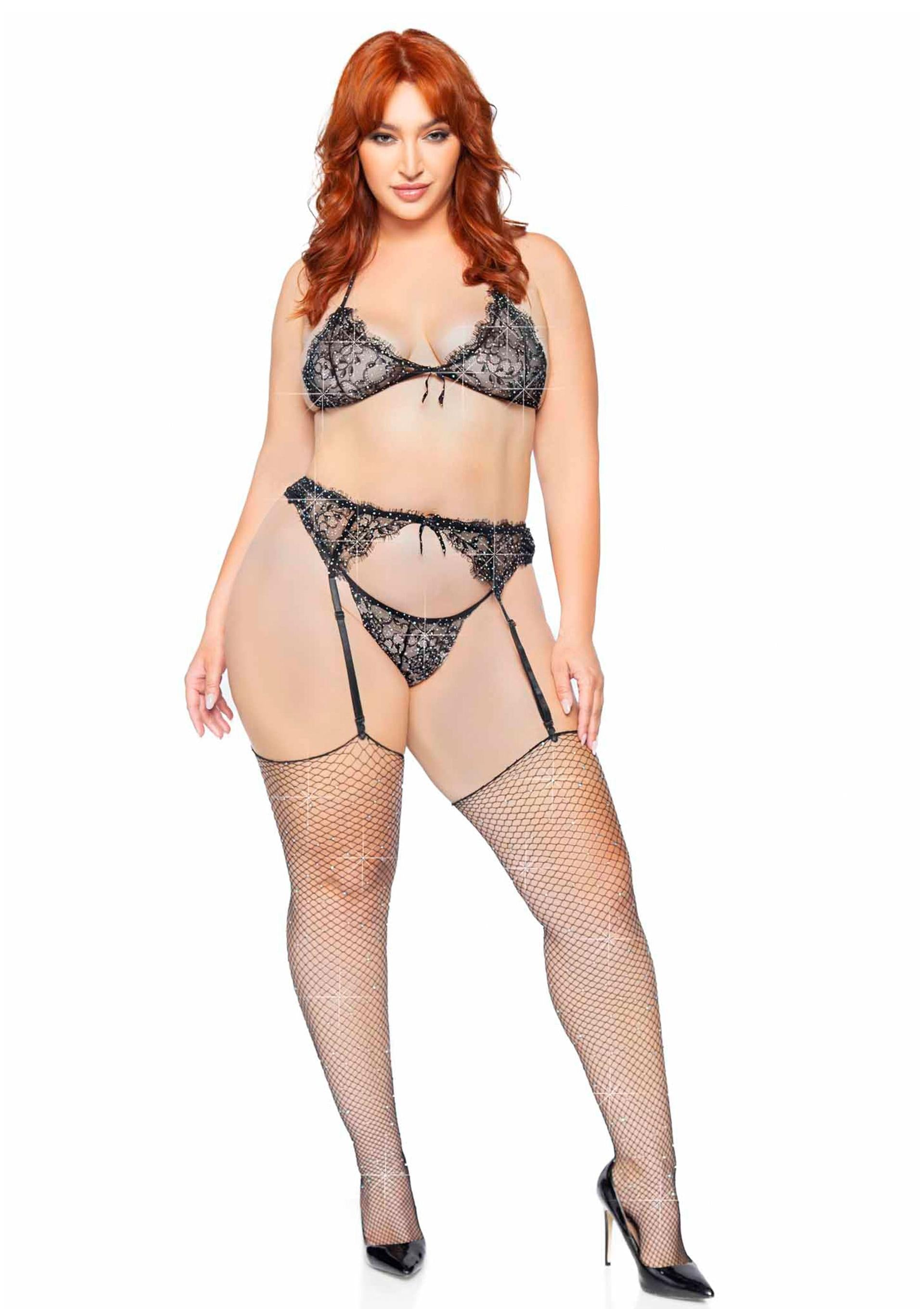 Leg Avenue Plus Lace Bra Top, String and Garter Belt
