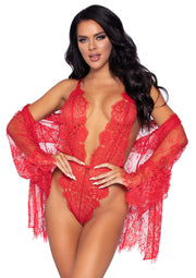 Leg Avenue Teddy with Cheeky Thong and Lace Robe