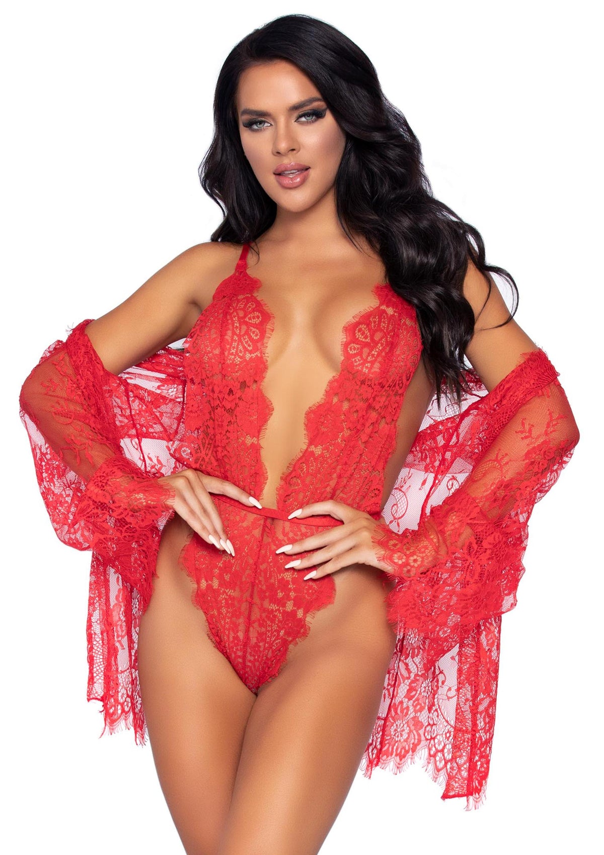 Leg Avenue Teddy with Cheeky Thong and Lace Robe