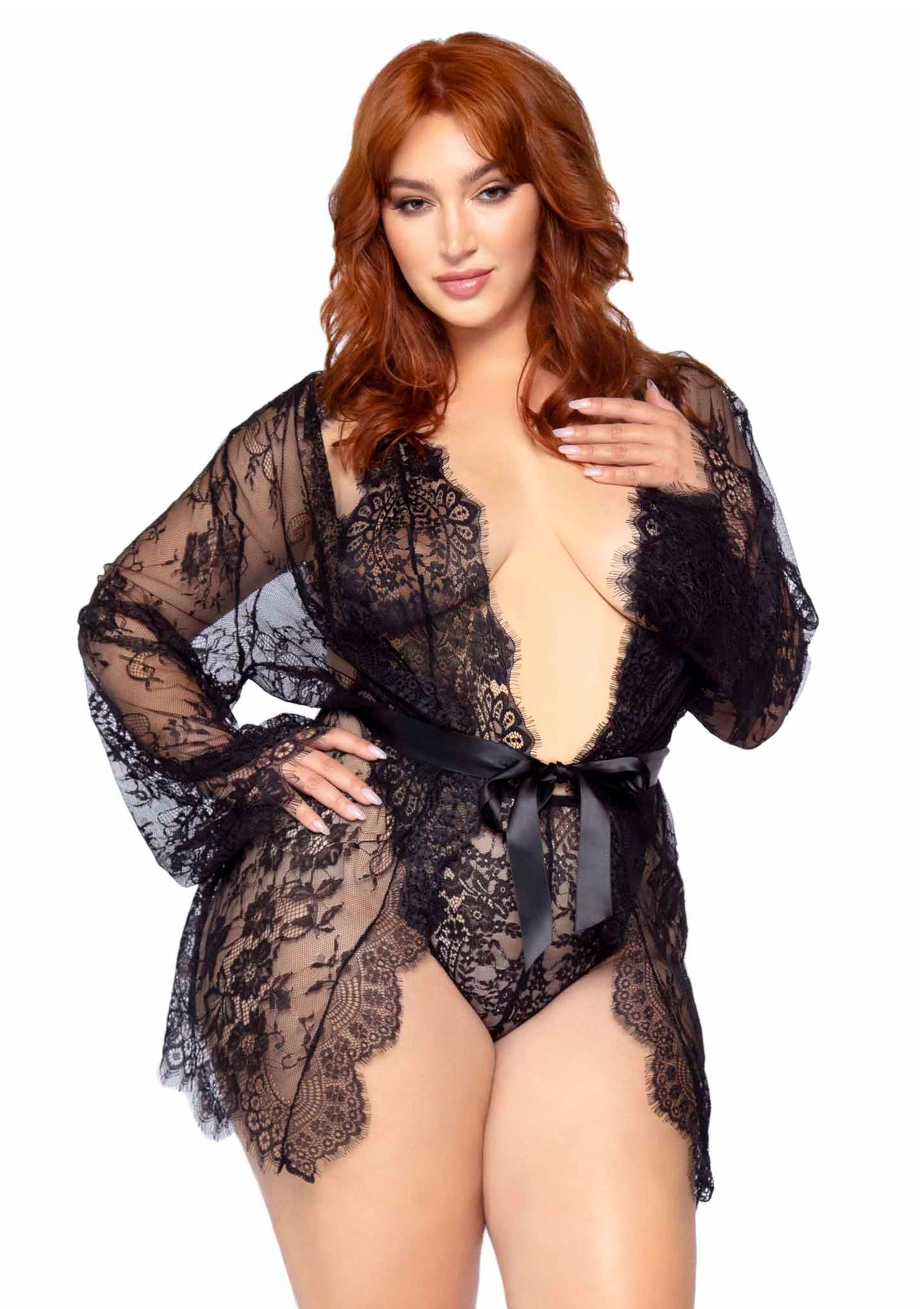 Leg Avenue Plus Teddy with Cheeky Thong and Lace Robe