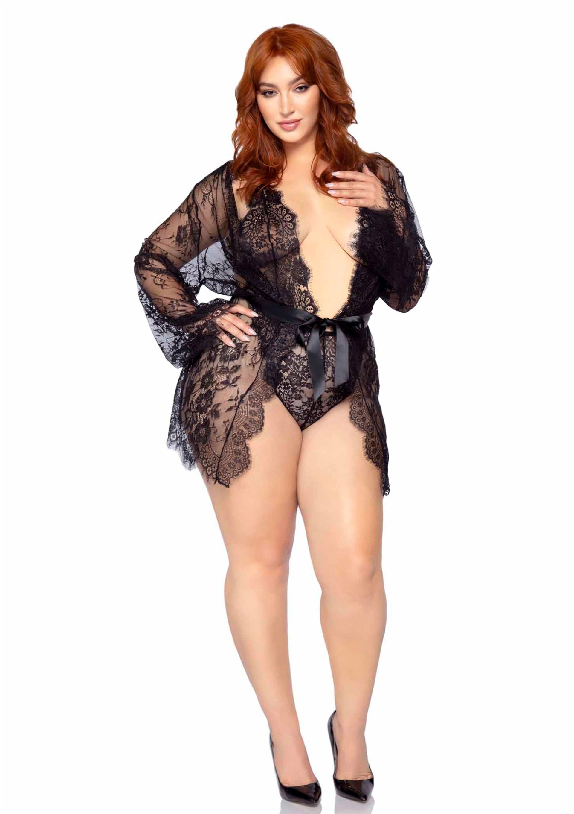 Leg Avenue Plus Teddy with Cheeky Thong and Lace Robe
