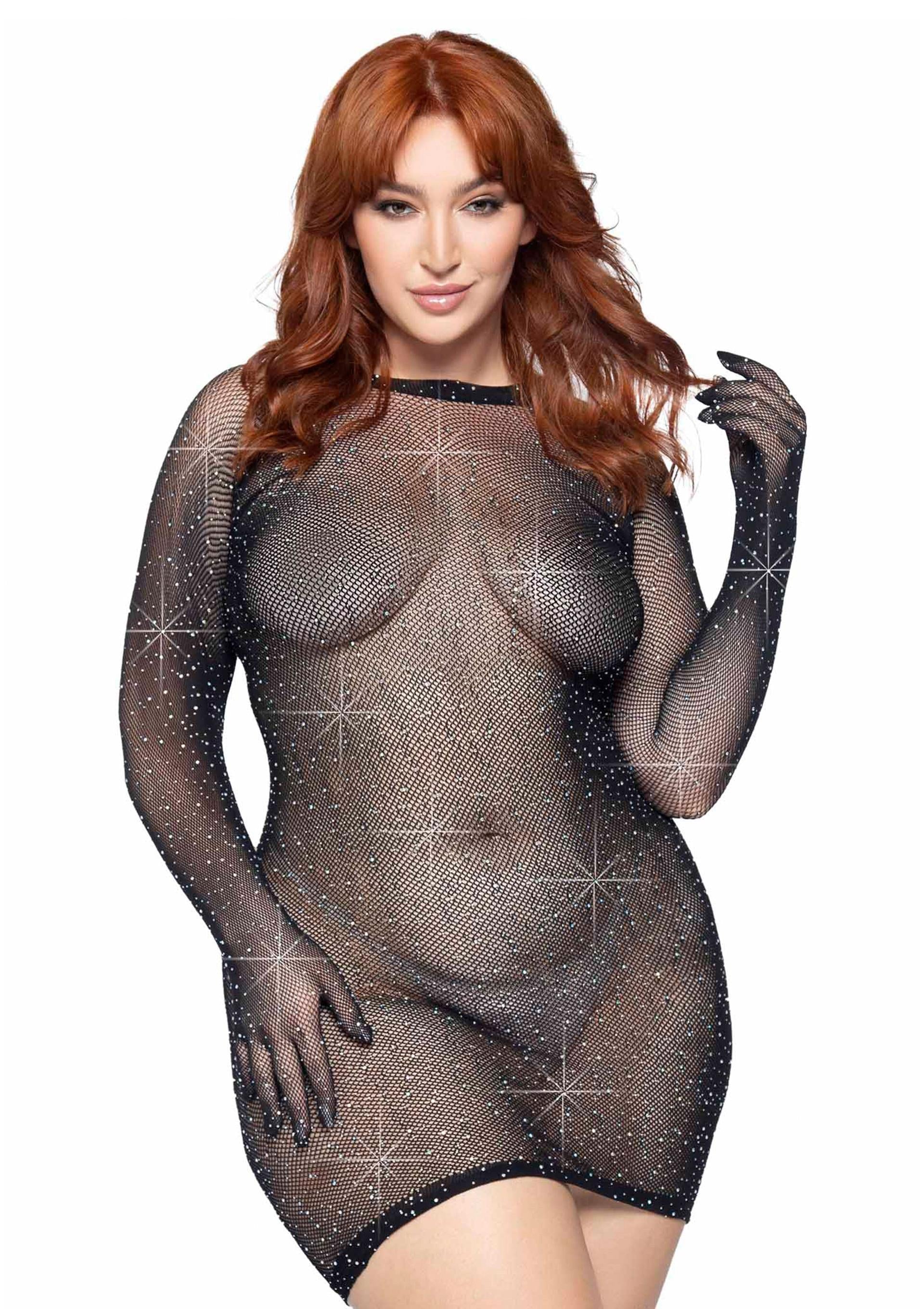Leg Avenue Plus Rhinestone Fishnet Gloved Mini Dress