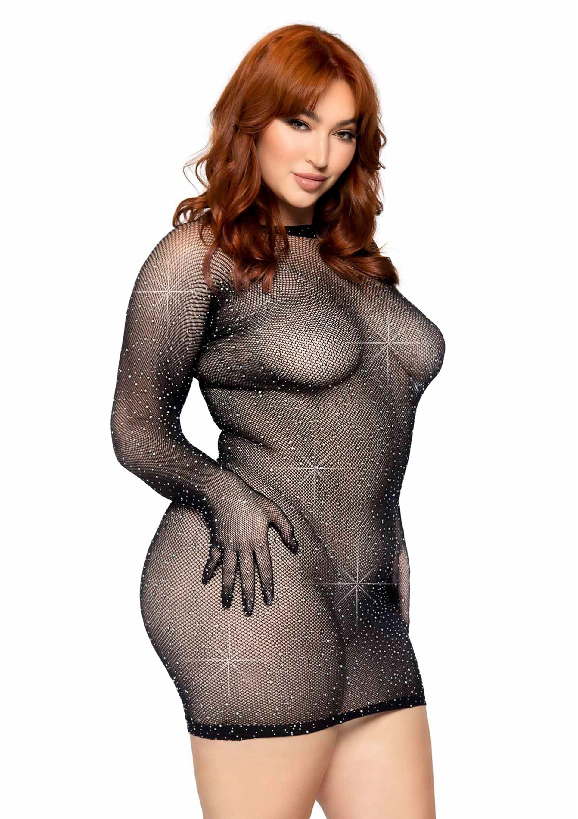 Leg Avenue Plus Rhinestone Fishnet Gloved Mini Dress