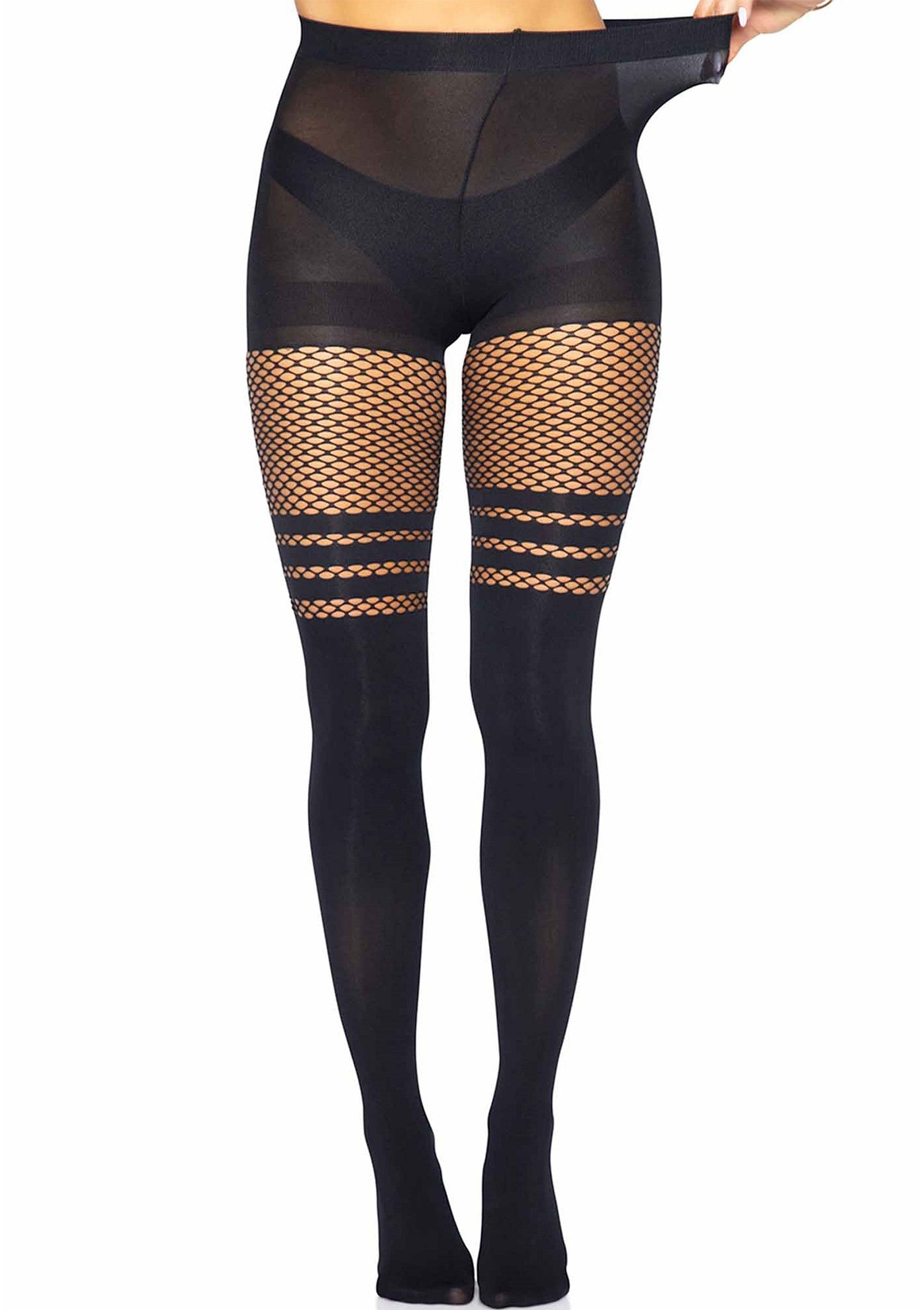 Leg Avenue Seamless Opaque Pantyhose with Fishnet Stripe