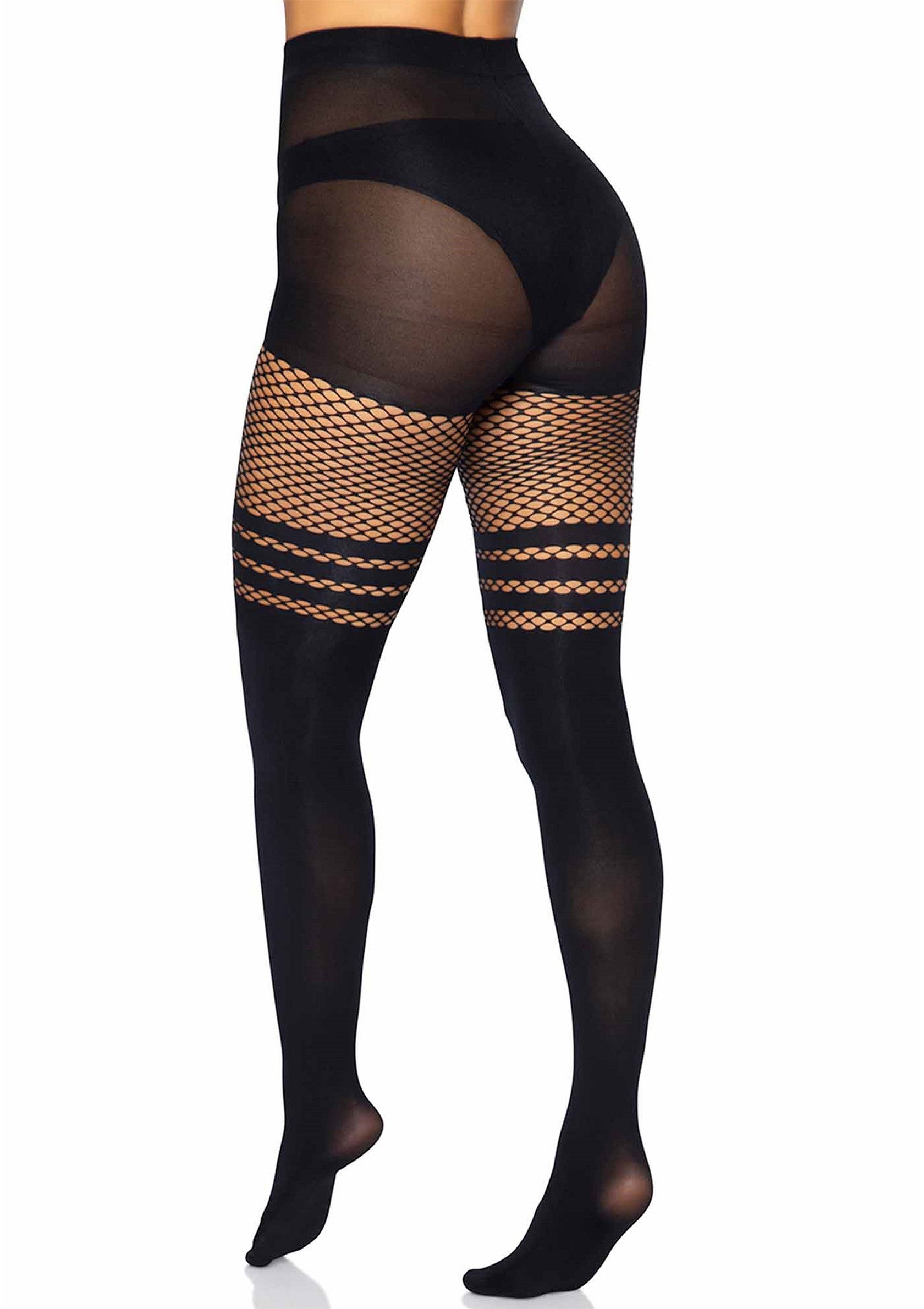 Leg Avenue Seamless Opaque Pantyhose with Fishnet Stripe