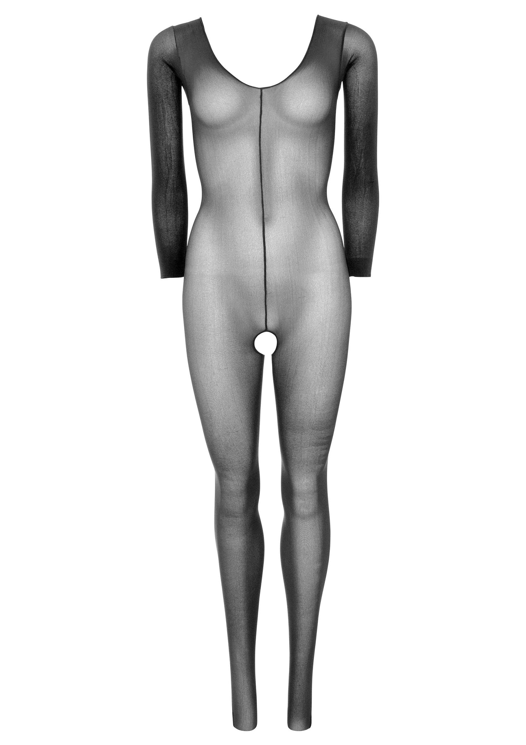 Body résille noir transparent avec manches longues pour une allure audacieuse et sensuelle.; Zwarte, transparante visnet bodysuit met lange mouwen voor een gedurfde en sensuele uitstraling.; Black sheer fishnet bodysuit with long sleeves for a bold and sensual look.