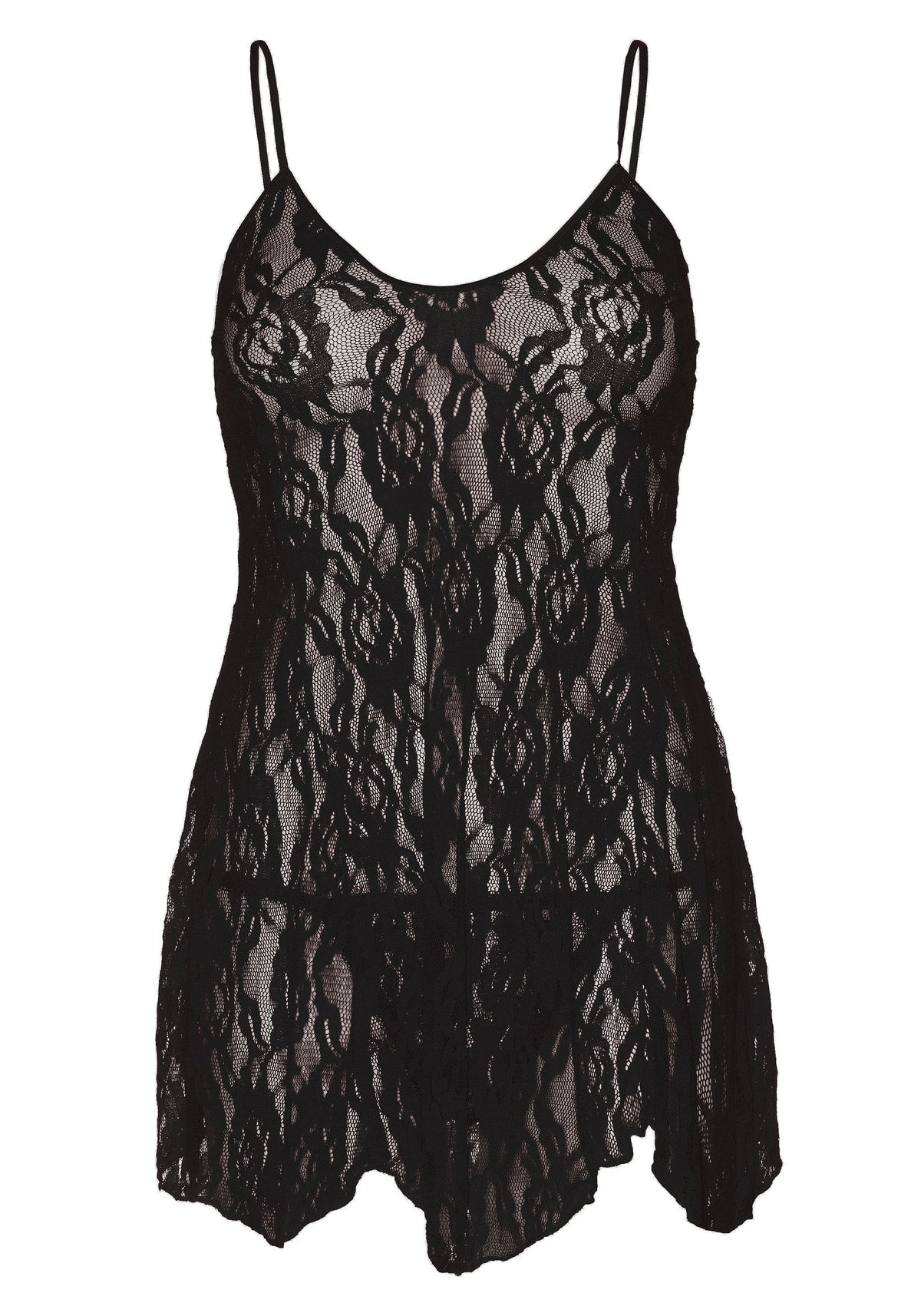 Nuisette noire en dentelle délicate avec fines bretelles. Élégante et sensuelle pour une nuit romantique.; Zwarte kanten negligé met dunne bandjes. Elegant en sensueel voor een romantische nacht.; Black lace chemise with thin straps. Elegant and sensual for a romantic night.