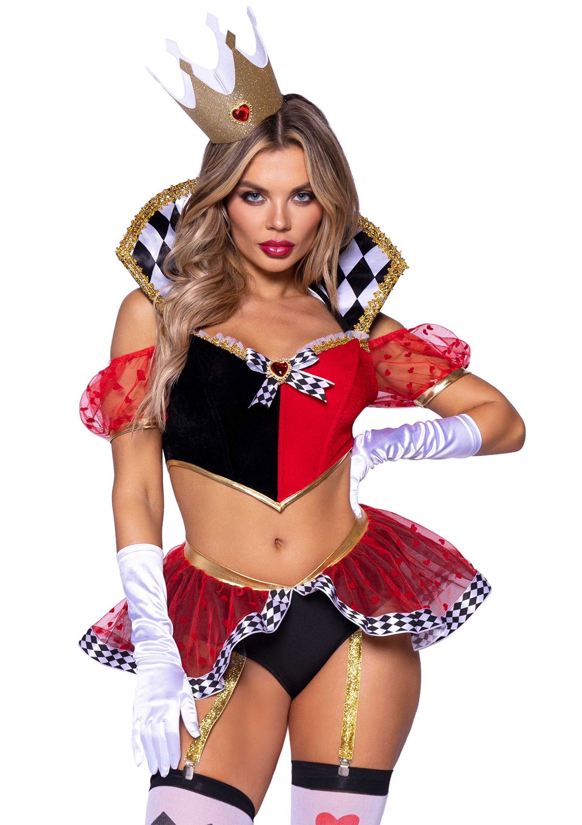 Costume Reine de Coeur sexy. Déguisement d'Halloween ou soirée à thème, couronne incluse.; Sexy hartenkoningin kostuum. Halloween- of themafeestkleding, inclusief kroon.; Sexy Queen of Hearts costume. Halloween or theme party wear, crown included.