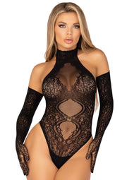 Leg Avenue Lace Halter Teddy and Long Gloves