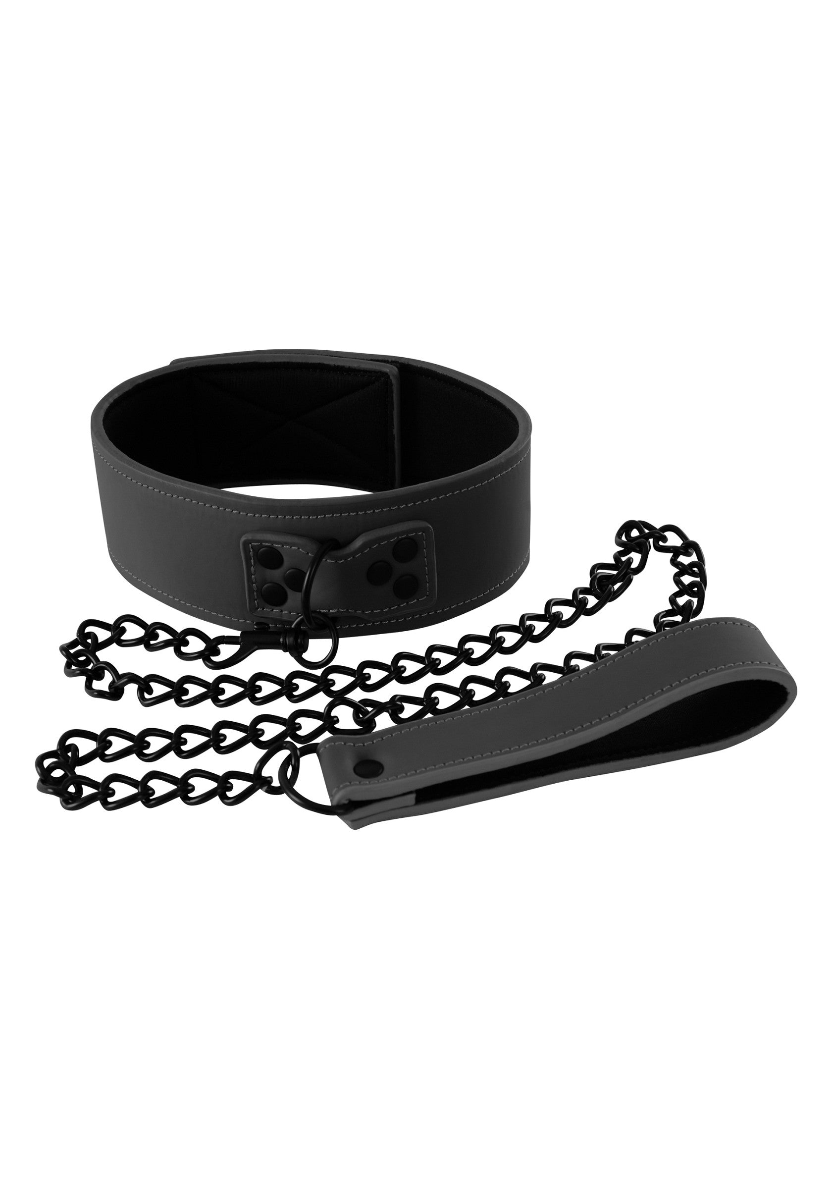 Collier en cuir noir avec chaîne et poignée. Accessoire de jeu de rôle pour adultes.; Zwarte leren halsband met ketting en handvat. Rollenspelaccessoire voor volwassenen.; Black leather collar with chain and handle. Adult role-playing accessory.