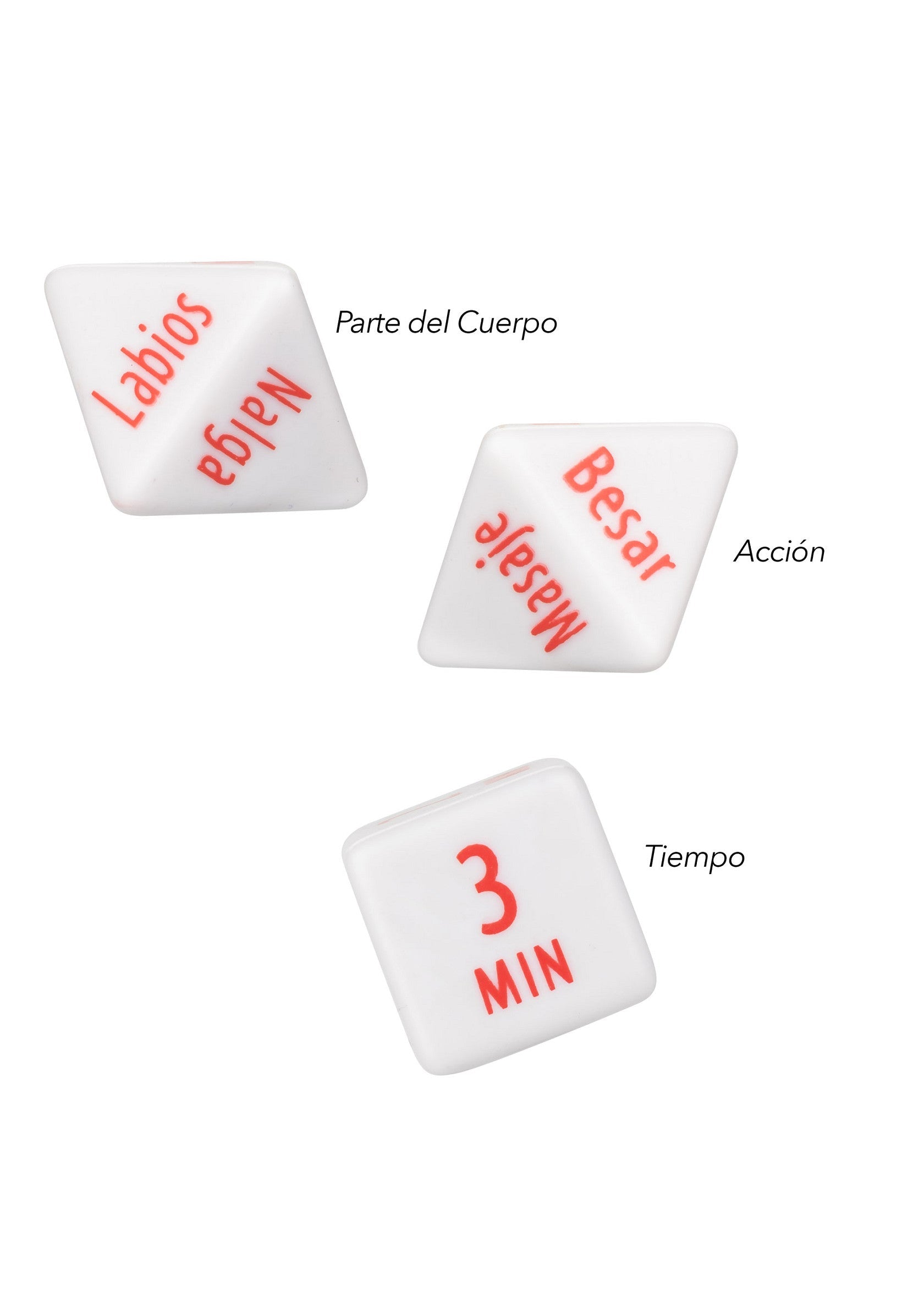 Jeu de dés coquin pour adultes. Corps, action et temps pour pimenter votre vie amoureuse.; Ondeugend dobbelspel voor volwassenen. Lichaam, actie en tijd om je liefdesleven op te fleuren.; Naughty dice game for adults. Body, action and time to spice up your love life.