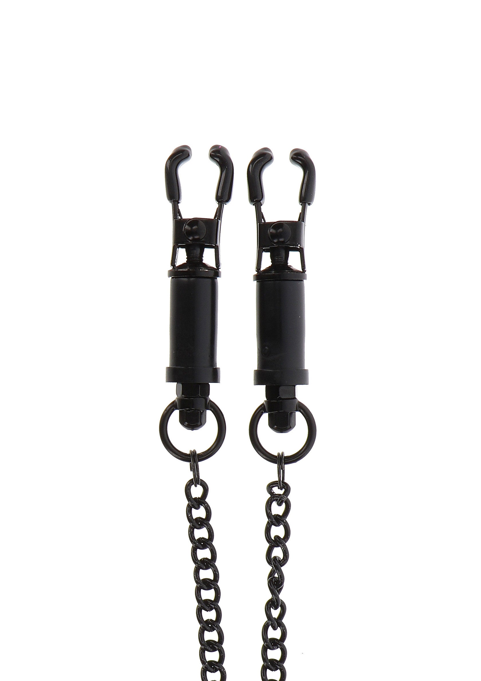 Pinces à tétons noires réglables avec chaîne.; Zwarte verstelbare tepelklemmen met ketting.; Black adjustable nipple clamps with chain.