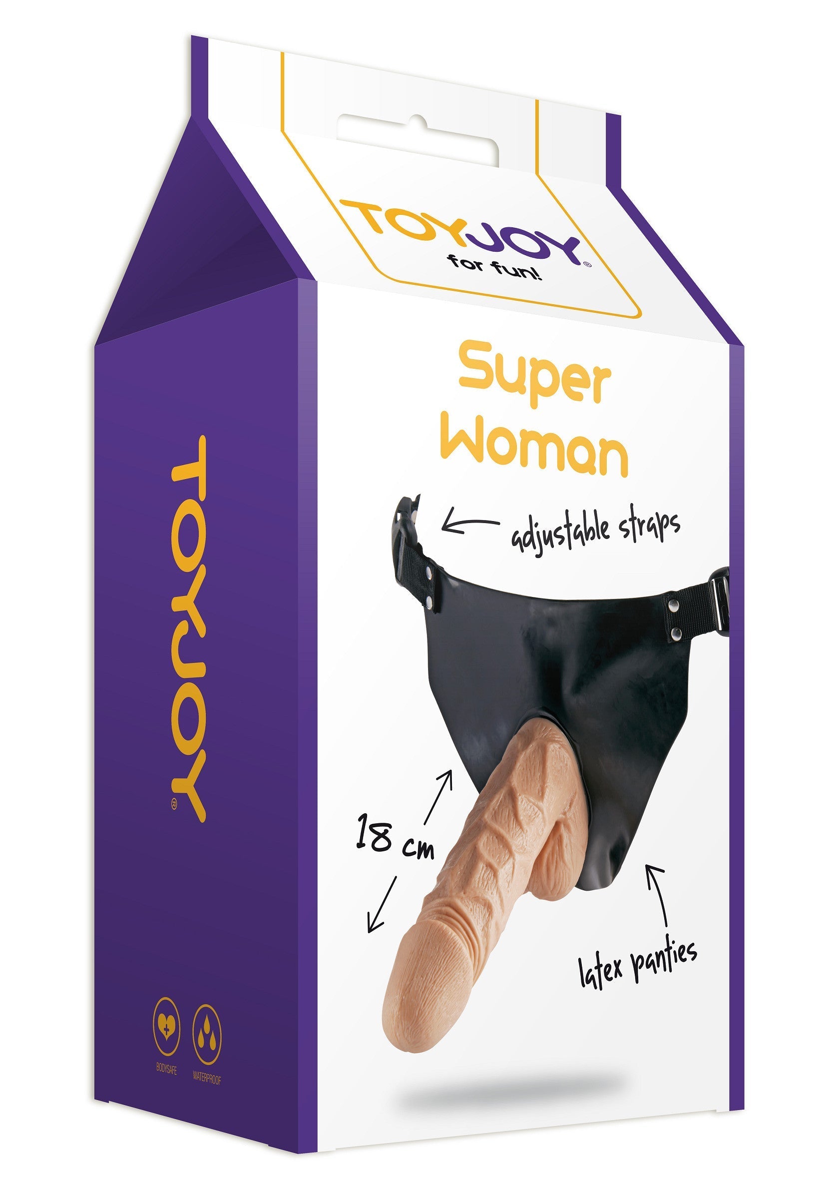 ToyJoy Super Woman harnais avec gode de 18cm. Bretelles réglables et culotte en latex pour un plaisir garanti.; ToyJoy Super Woman harnas met 18cm dildo. Verstelbare bandjes en latex slip voor gegarandeerd plezier.; ToyJoy Super Woman harness with 18cm dildo. Adjustable straps and latex panties for guaranteed pleasure.