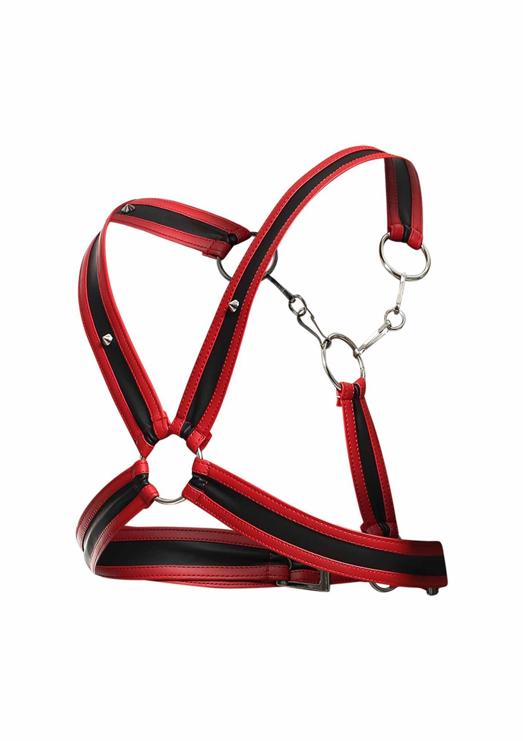Harnais en cuir rouge et noir avec anneaux métalliques pour une touche audacieuse et élégante.; Rood en zwart lederen harnas met metalen ringen voor een gedurfde en stijlvolle touch.; Red and black leather harness with metal rings for a bold and stylish touch.