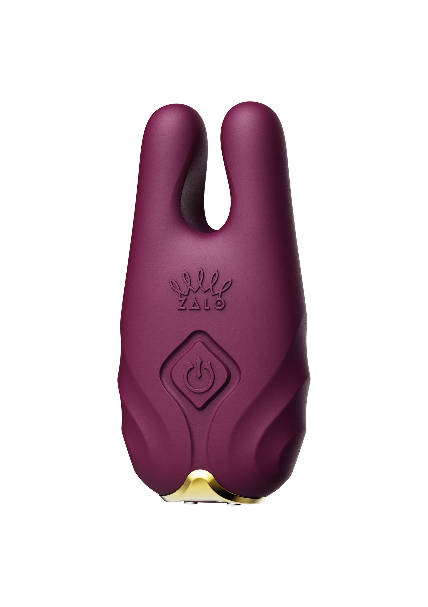 Masseur Zalo vibrant en silicone violet prune avec une base dorée.; Vibrerende Zalo stimulator van paarse siliconen met gouden basis.; Vibrating Zalo stimulator in plum purple silicone with gold base.