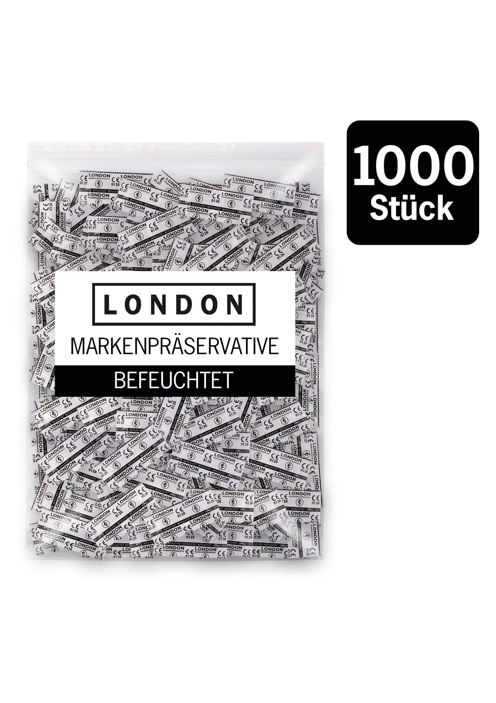 Préservatifs lubrifiés London en gros (1000). Protection sûre et fiable pour une sexualité épanouie. Achetez en grande quantité et économisez!; London condooms bulkverpakking (1000). Betrouwbare bescherming voor een veilig seksleven. Koop groot in en bespaar!; London lubricated condoms in bulk (1000). Safe and reliable protection for a worry-free sex life. Buy in bulk and save!