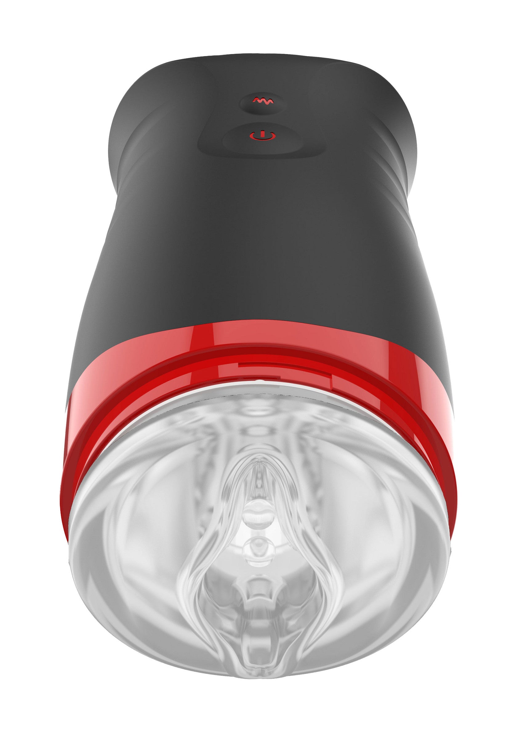 Manchon de plaisir texturé noir et rouge pour une expérience intime intense.; Zwarte en rode getextureerde masturbator voor een intense intieme ervaring.; Black and red textured stroker for an intense intimate experience.