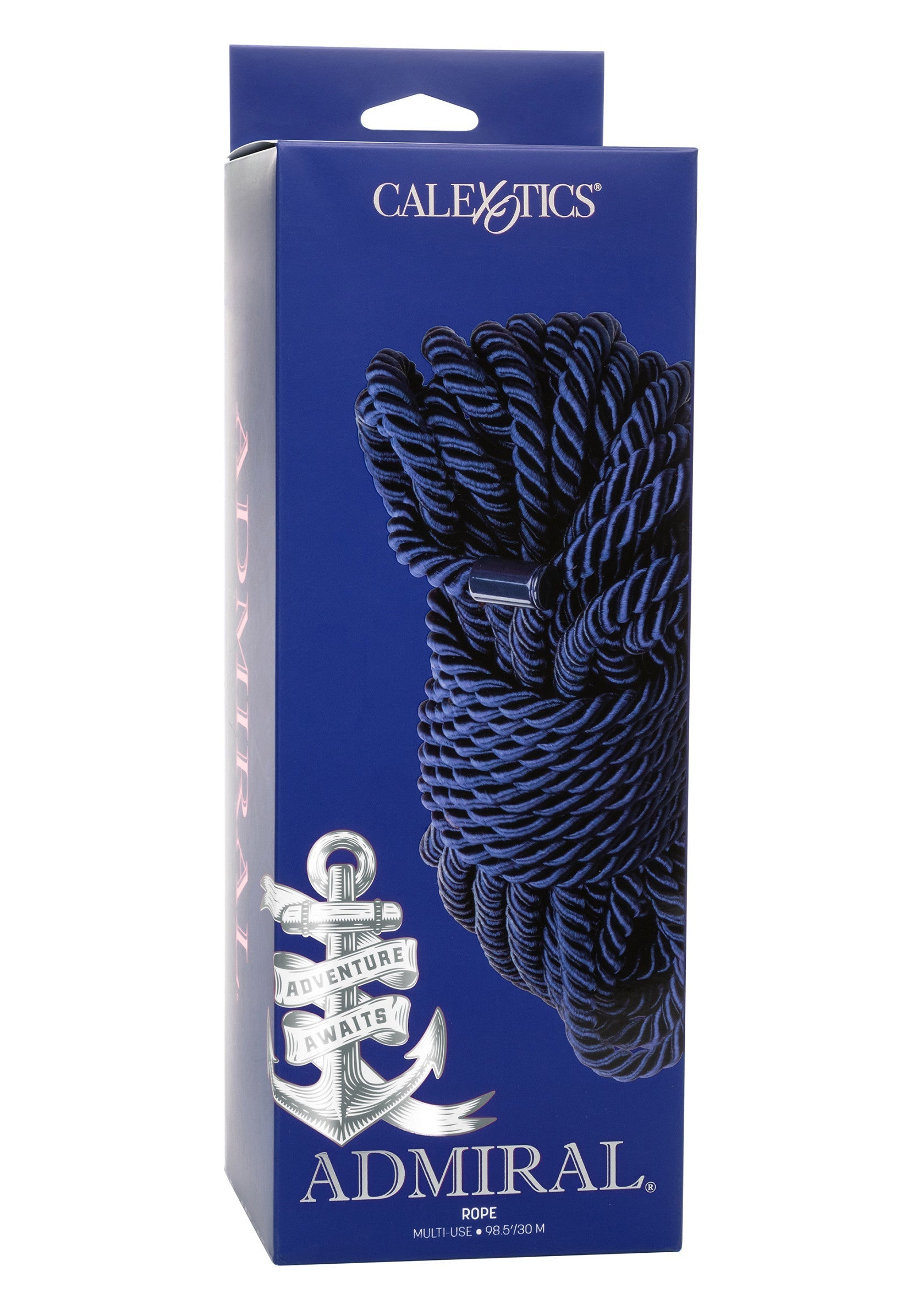 Calexotics Admiral Rope, corde bleu marine, pour des jeux coquins et aventureux. Multi-usage, longueur 1.5 mètres.; Calexotics Admiral Rope, marineblauwe touw voor ondeugende en avontuurlijke spelletjes. Meerdere toepassingen, lengte 1,5 meter.; Calexotics Admiral Rope, navy blue rope for kinky and adventurous games. Multi-use, length 1.5 meters.