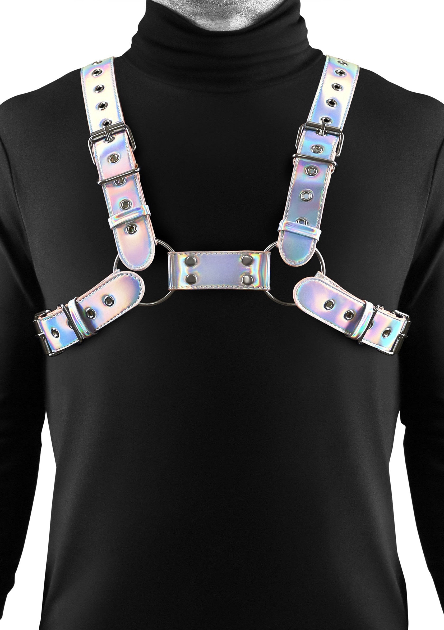 Harnais holographique tendance avec sangles réglables et boucles en métal.; Trendy holografisch harnas met verstelbare banden en metalen gespen.; Trendy holographic harness with adjustable straps and metal buckles.