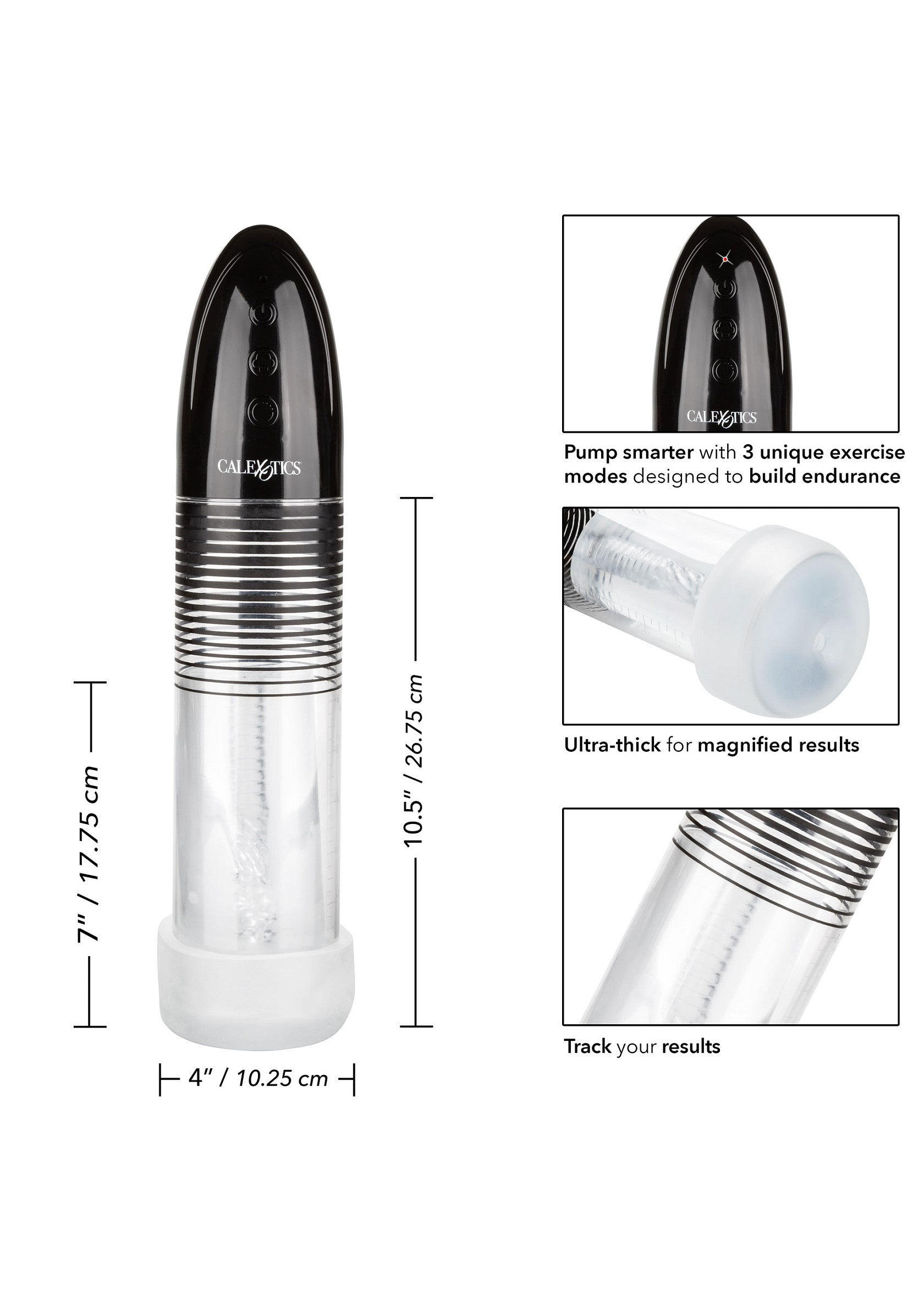 Pompe pénienne Calexotics avec 3 modes d'exercice pour améliorer l'endurance. Suivez vos résultats grâce au cylindre transparent.; Calexotics penis pomp met 3 trainingsstanden om het uithoudingsvermogen te verbeteren. Volg uw resultaten met de transparante cilinder.; Calexotics penis pump with 3 exercise modes to improve endurance. Track your results with the clear cylinder.