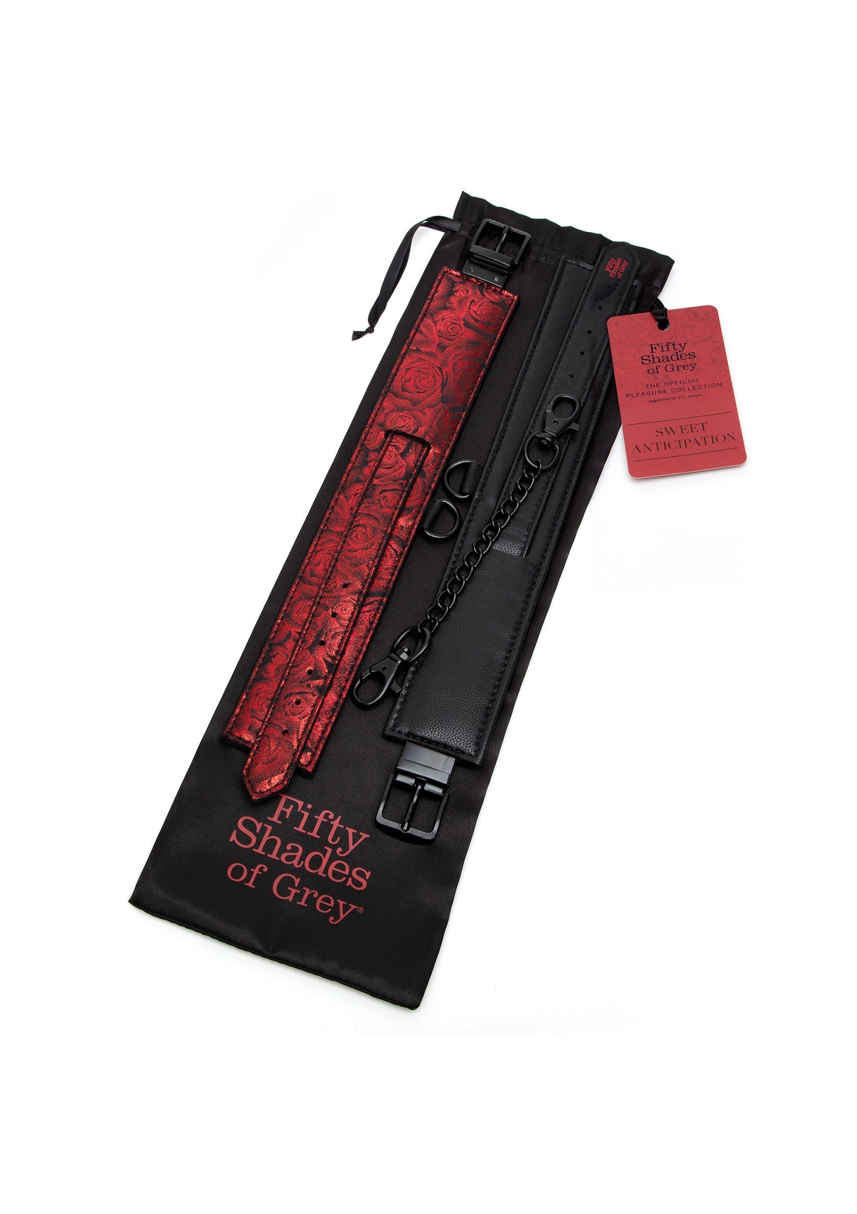Ensemble de menottes Fifty Shades of Grey, noir et rouge. Accessoire de jeu de rôle érotique pour adultes.; Fifty Shades of Grey handboeien set, zwart en rood. Erotische rollenspel accessoire voor volwassenen.; Fifty Shades of Grey restraints set, black and red. Erotic role play accessory for adults.