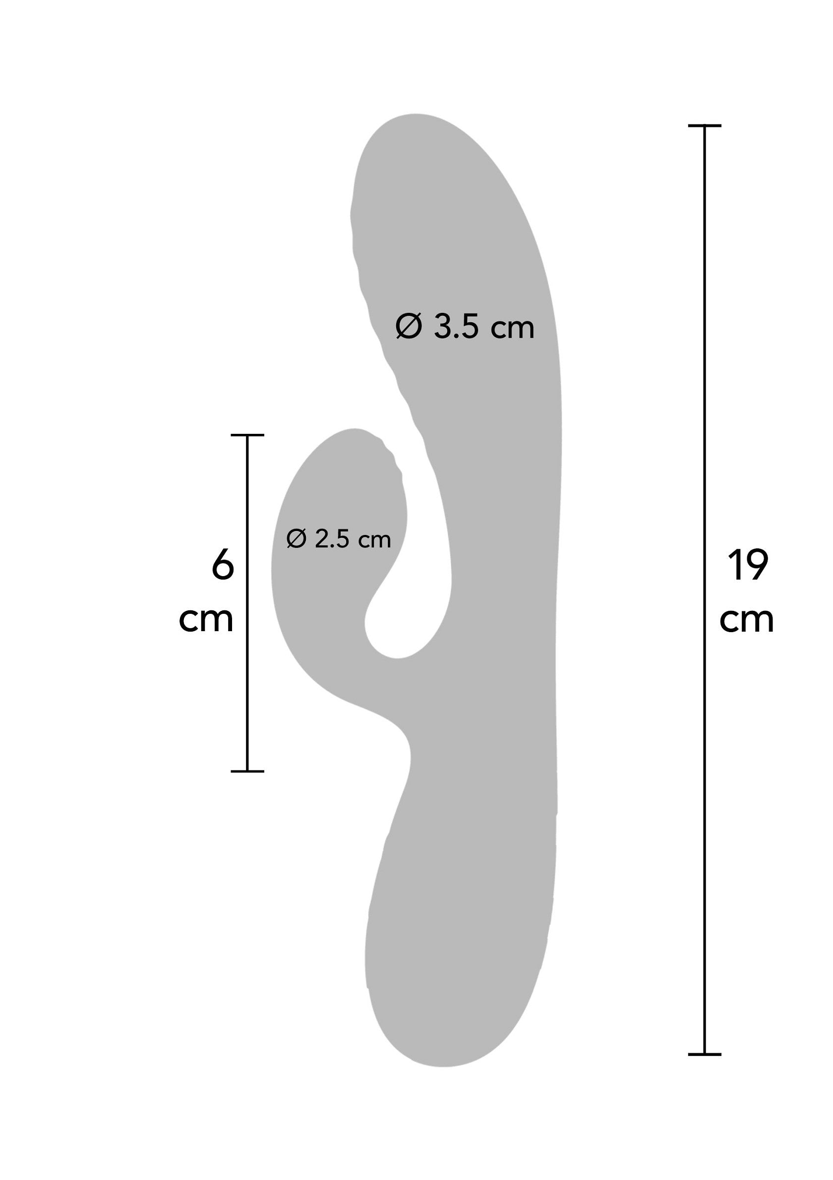 Dimensions du sextoy : 19 cm de hauteur, 6 cm de largeur, diamètre de 3,5 cm et 2,5 cm.; Afmetingen seksspeeltje: 19 cm hoog, 6 cm breed, diameter van 3,5 cm en 2,5 cm.; Sex toy dimensions: 19cm height, 6cm width, diameter of 3.5cm and 2.5cm.