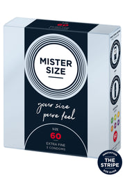 Préservatifs Mister Size taille 60, pour une sensation naturelle et une protection optimale.; Mister Size condooms maat 60, voor een natuurlijk gevoel en optimale bescherming.; Mister Size condoms size 60 for a natural feel and optimal protection.