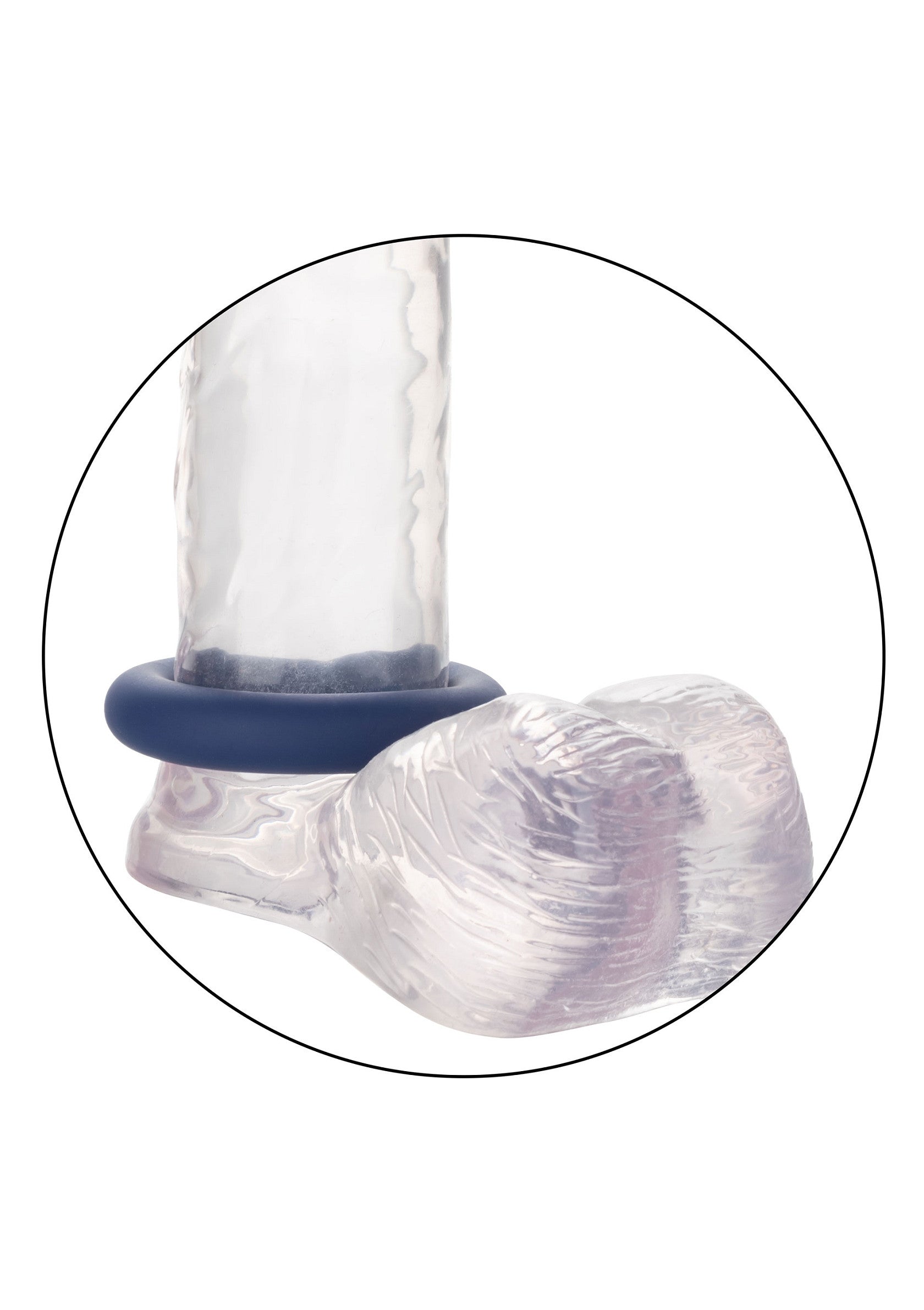 Jouet sexuel transparent avec anneau bleu pour plus de plaisir.; Transparant seksspeeltje met blauwe ring voor extra genot.; Clear pleasure toy with blue ring for added sensation.