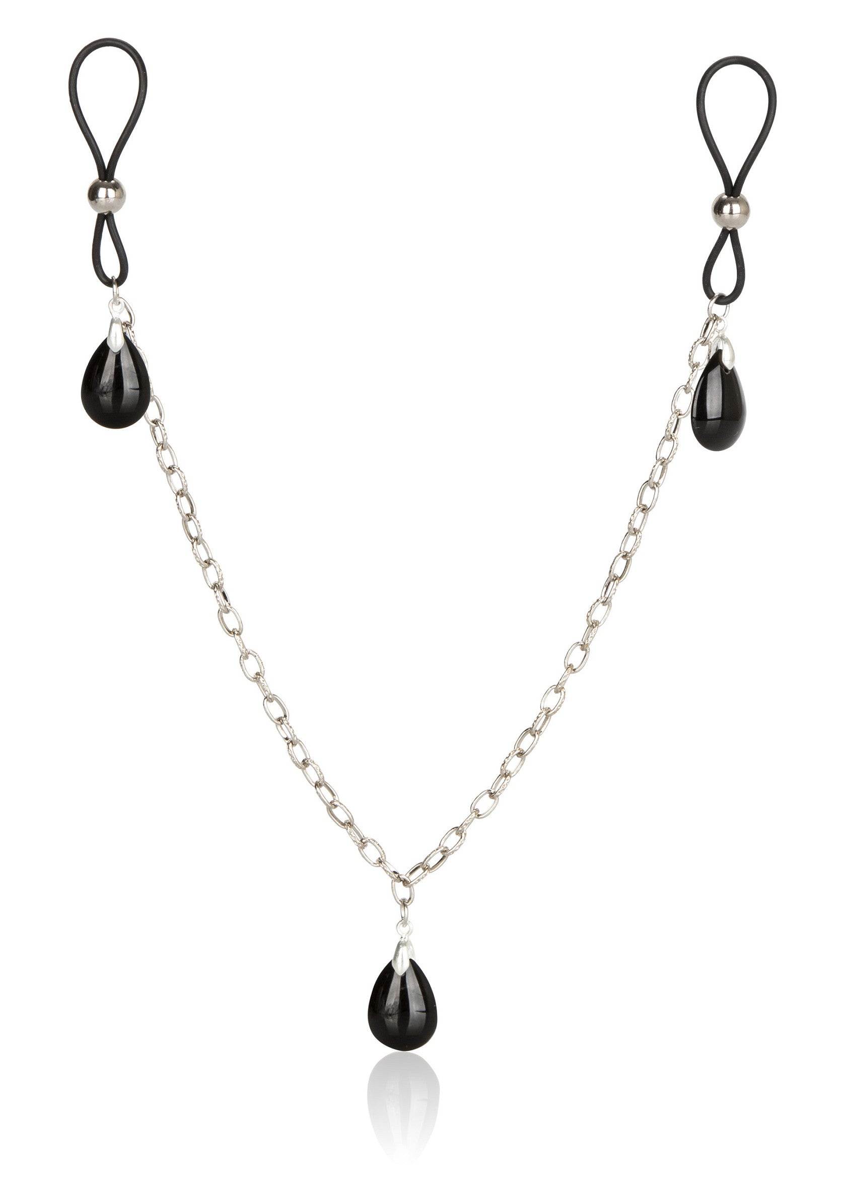 Pinces tétons avec chaîne et pierres noires pour un look coquin et élégant.; Tepelklemmen met ketting en zwarte stenen voor een ondeugende en elegante look.; Nipple clamps featuring chain and black stones for a naughty and elegant look.