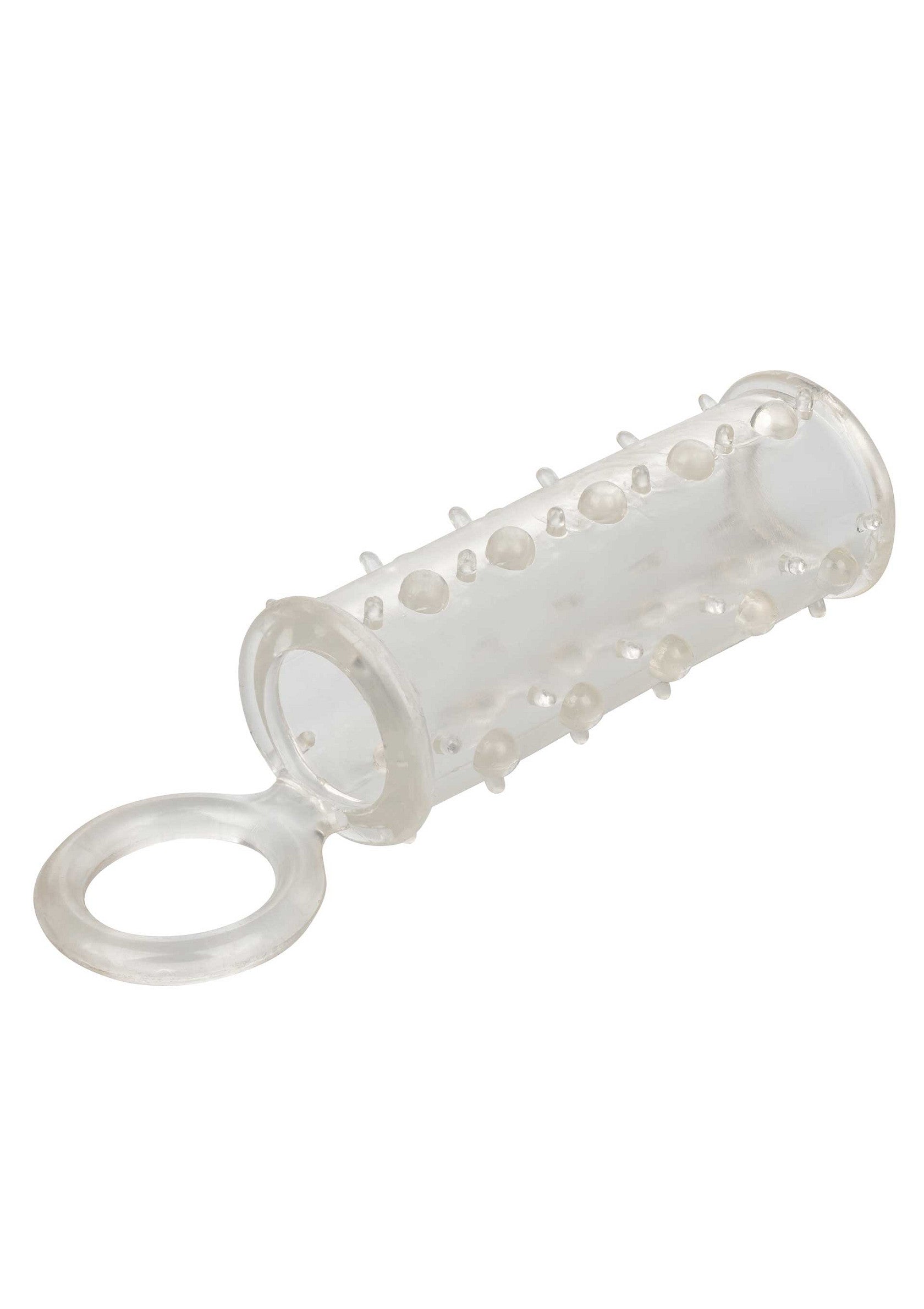 Manchon pénien texturé transparent avec boucle pour une stimulation intense.; Transparante penis sleeve met textuur en lus voor intense stimulatie.; Clear textured penis sleeve with loop for intense stimulation.