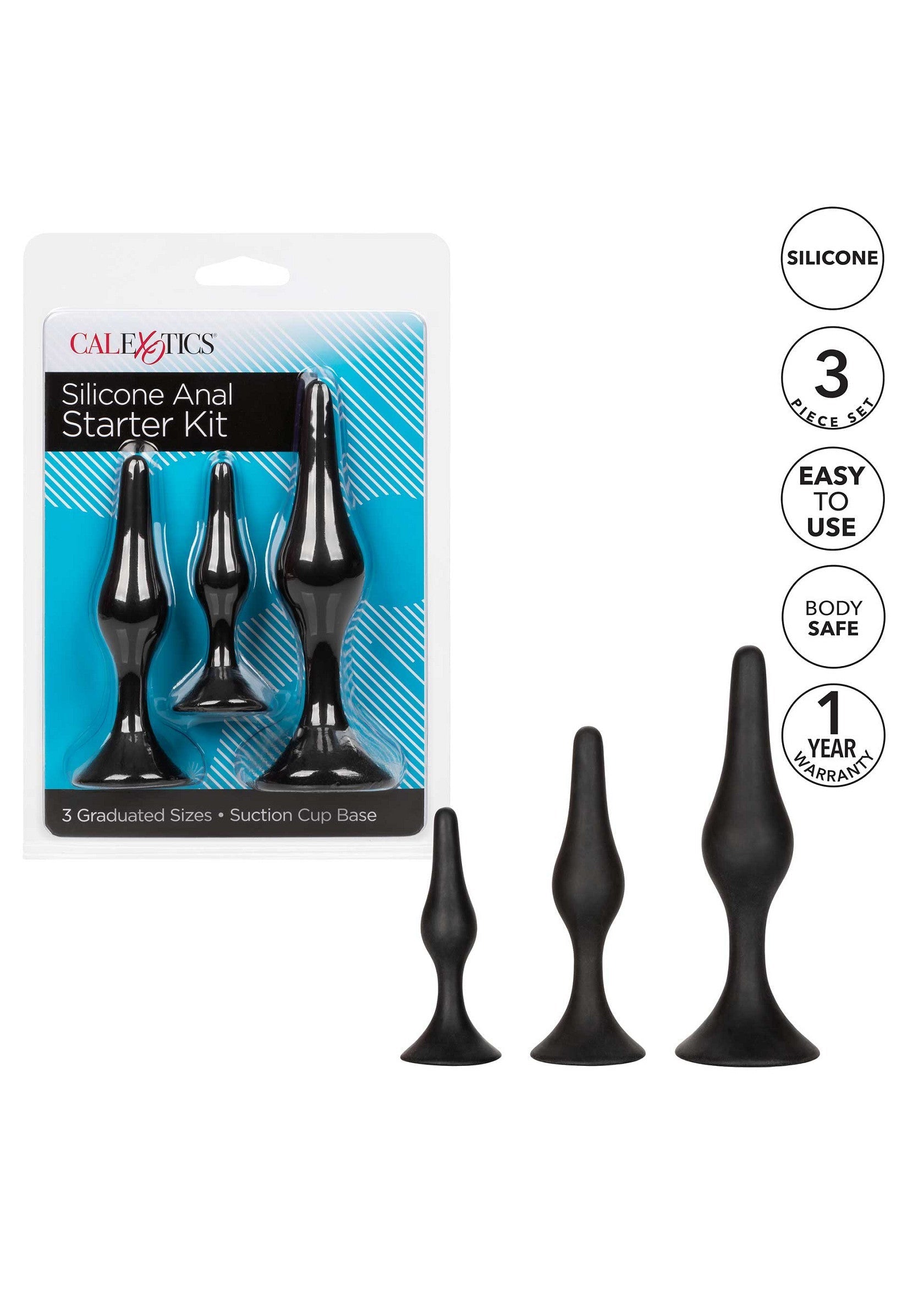 Kit de démarrage anal en silicone CalExotics, 3 tailles progressives pour une exploration facile et sûre.; CalExotics Siliconen Anale Starter Kit, 3 oplopende maten voor een veilige en gemakkelijke verkenning.; CalExotics Silicone Anal Starter Kit, 3 graduated sizes for safe and easy exploration.