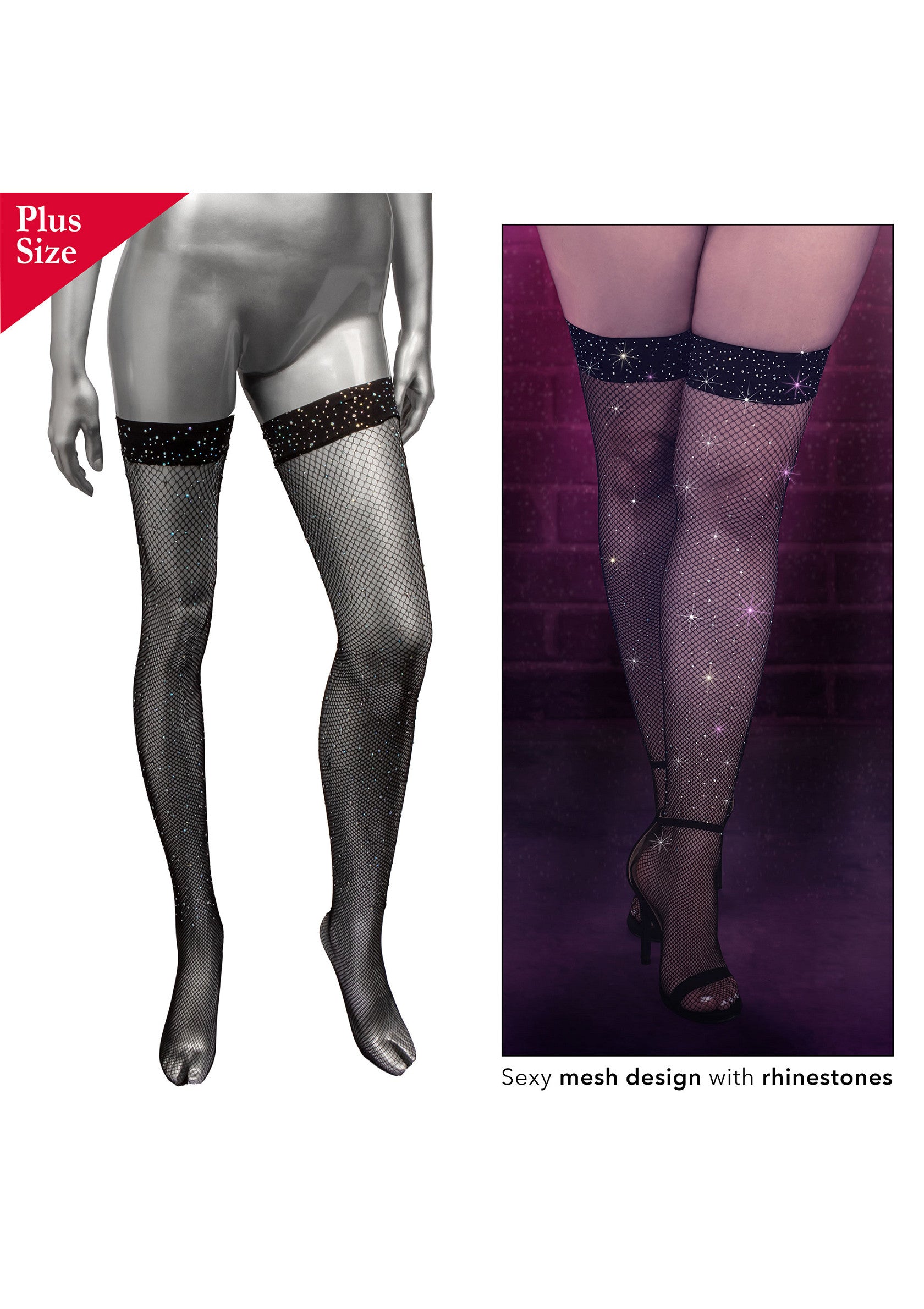 Bas résille sexy grande taille avec strass. Parfait pour une soirée glamour. Confort et élégance assurés.; Sexy visnetkousen plus size met strass. Perfect voor een glamour avond. Comfort en elegantie gegarandeerd.; Sexy plus size fishnet stockings with rhinestones. Perfect for a glam night out. Comfort and elegance guaranteed.