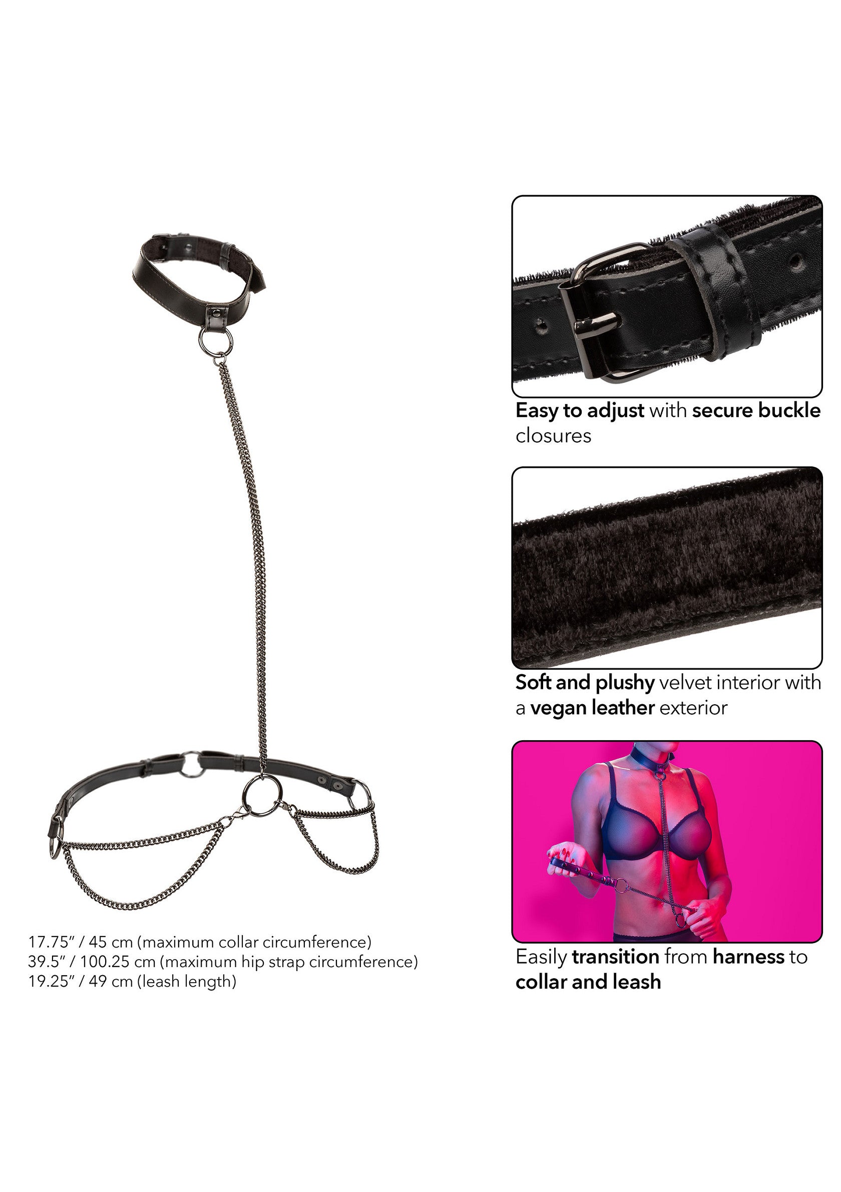 Harnais de corps élégant avec col, en cuir vegan doux avec fermetures à boucle.; Elegante body harness met halsband, van zacht vegan leer met gespsluitingen.; Elegant body harness with collar, made of soft vegan leather with buckle closures.