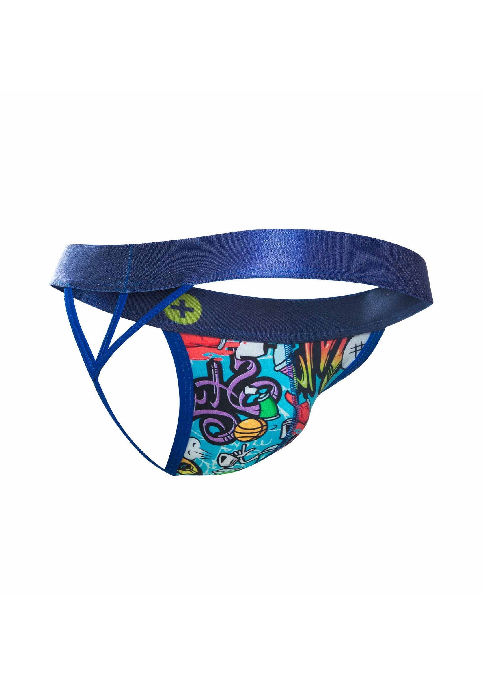 String masculin audacieux avec un motif de graffiti coloré et une ceinture bleue.; Gedurfde herenstring met kleurrijk graffitipatroon en blauwe tailleband.; Bold men's jockstrap with colorful graffiti pattern and blue waistband.