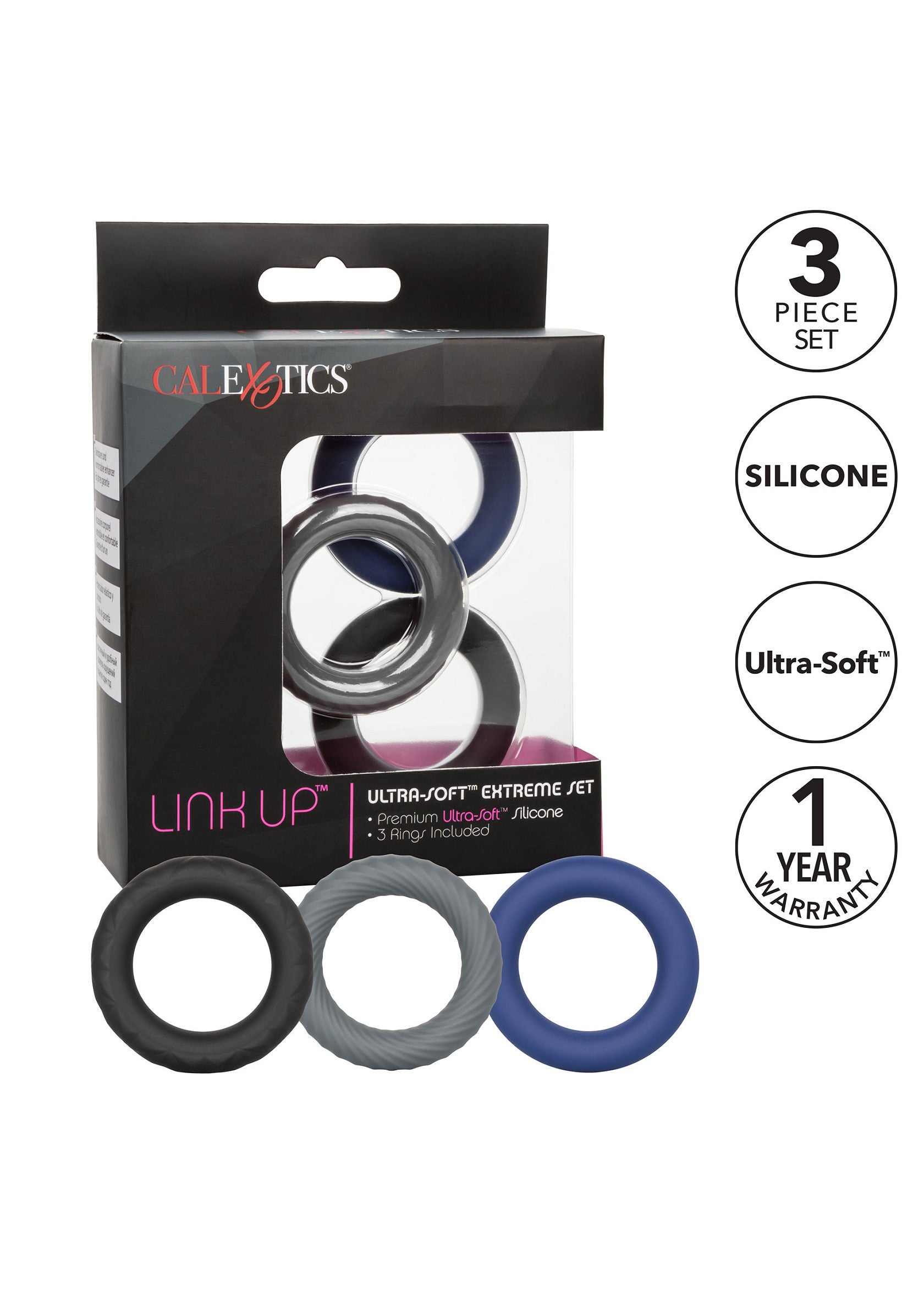 Anneaux péniens CalExotics Link Up en silicone ultra-doux. Set de 3 pour plus de plaisir.; CalExotics Link Up cockringen set, gemaakt van ultra-zacht siliconen. Set van 3 voor meer plezier.; CalExotics Link Up cock rings made of ultra-soft silicone. 3-piece set for added pleasure.