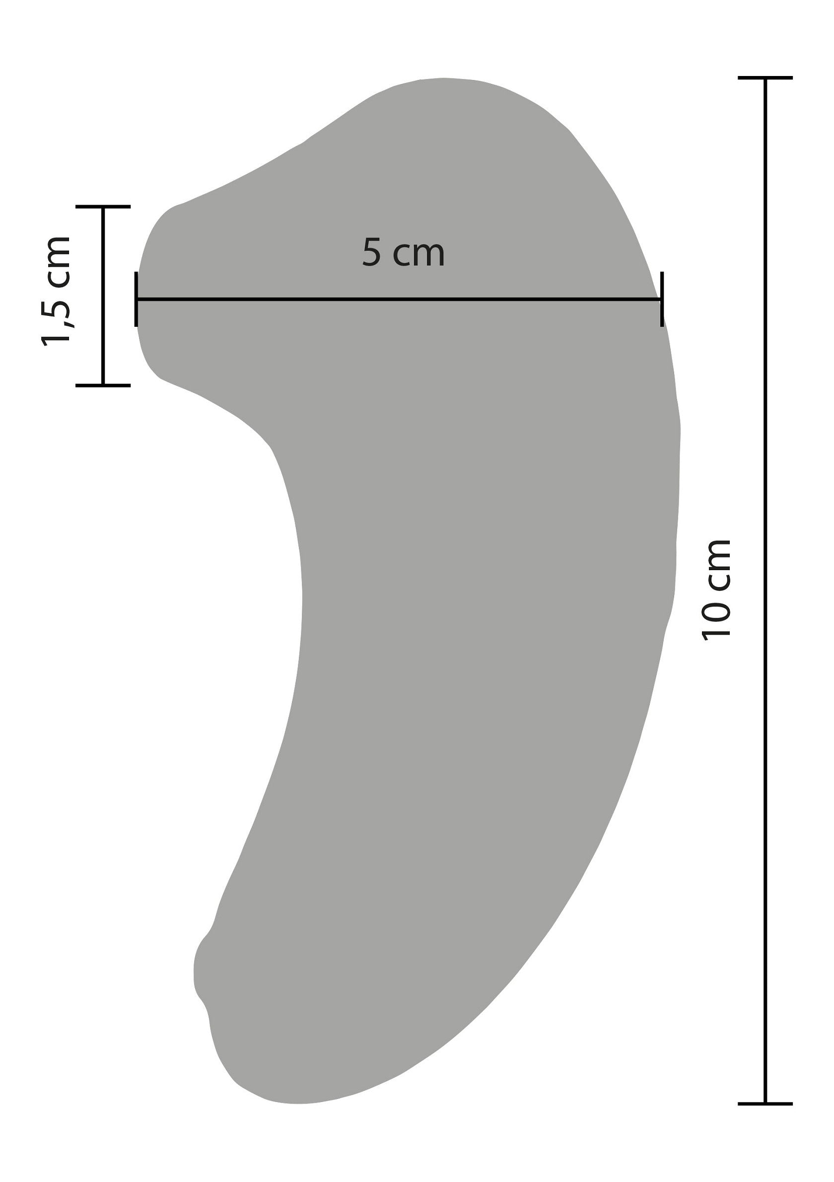 Dimensions détaillées d'un outil de massage Gua Sha : 10 cm de long, 5 cm de large et 1,5 cm d'épaisseur.; Gedetailleerde afmetingen van een Gua Sha massage tool: 10 cm lang, 5 cm breed en 1,5 cm dik.; Detailed dimensions of a Gua Sha massage tool: 10 cm long, 5 cm wide and 1.5 cm thick.