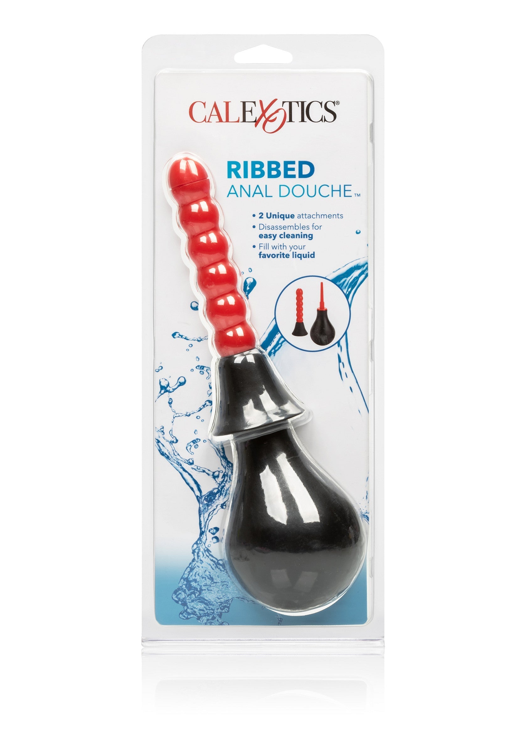 CalExotics poire anale cannelée. Nettoyage intime en douceur avec embout souple et réservoir ergonomique. Facile à utiliser et à nettoyer.; CalExotics geribbelde anale douche. Zachte intieme reiniging met flexibele tip en ergonomisch reservoir. Eenvoudig in gebruik en schoon te maken.; CalExotics ribbed anal douche. Gentle intimate cleansing with flexible tip and ergonomic reservoir. Easy to use and clean.
