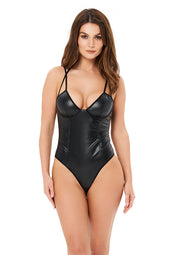 Body noir en similicuir avec fines bretelles et dos échancré. Sexy et élégant.; Zwarte faux lederen bodysuit met dunne bandjes en lage rug. Sexy en stijlvol.; Black faux leather bodysuit with thin straps and low back. Sexy and stylish.