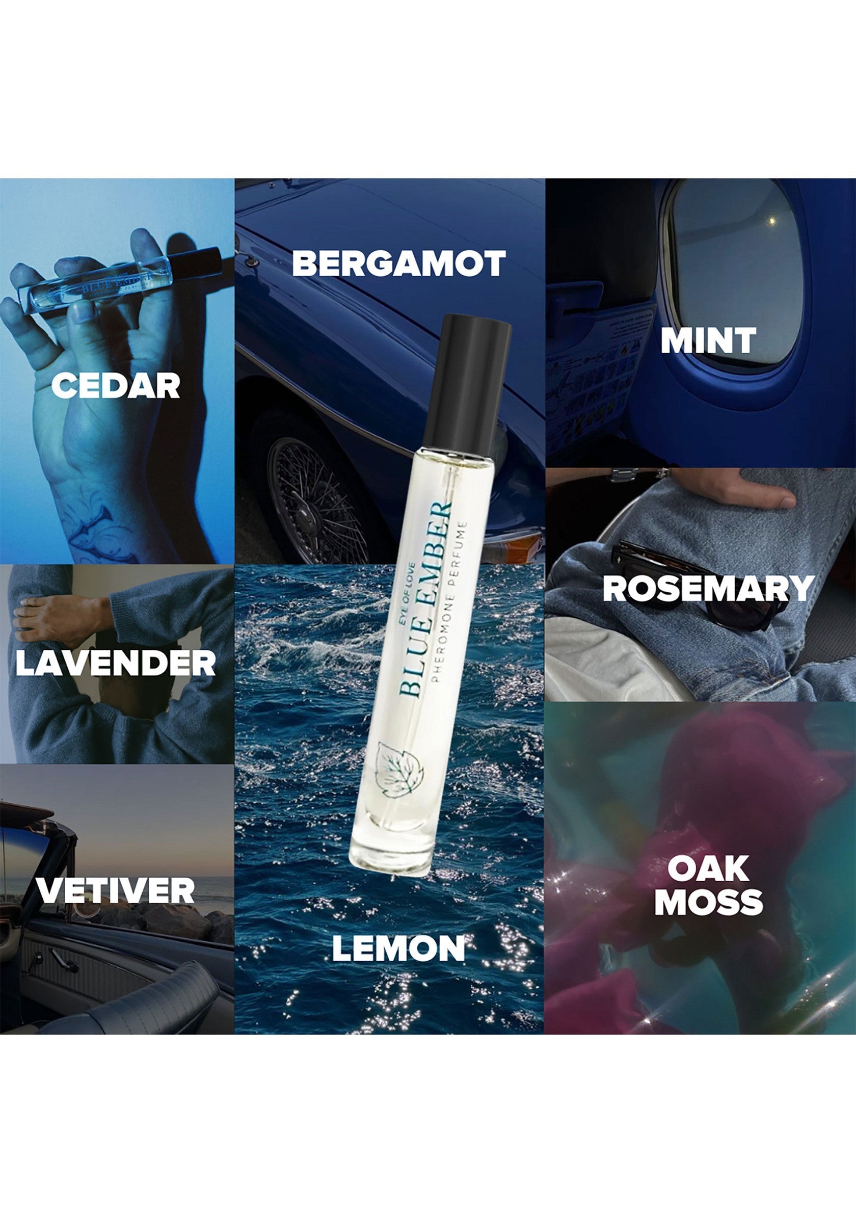 Parfum Blue Ember aux notes de cèdre, bergamote, menthe, lavande, vétiver, citron, romarin et mousse de chêne. Un parfum unique et rafraîchissant.; Blue Ember parfum met ceder, bergamot, munt, lavendel, vetiver, citroen, rozemarijn en eikenmos. Een unieke, verfrissende geur.; Blue Ember perfume with cedar, bergamot, mint, lavender, vetiver, lemon, rosemary, and oak moss notes. A unique and refreshing scent.