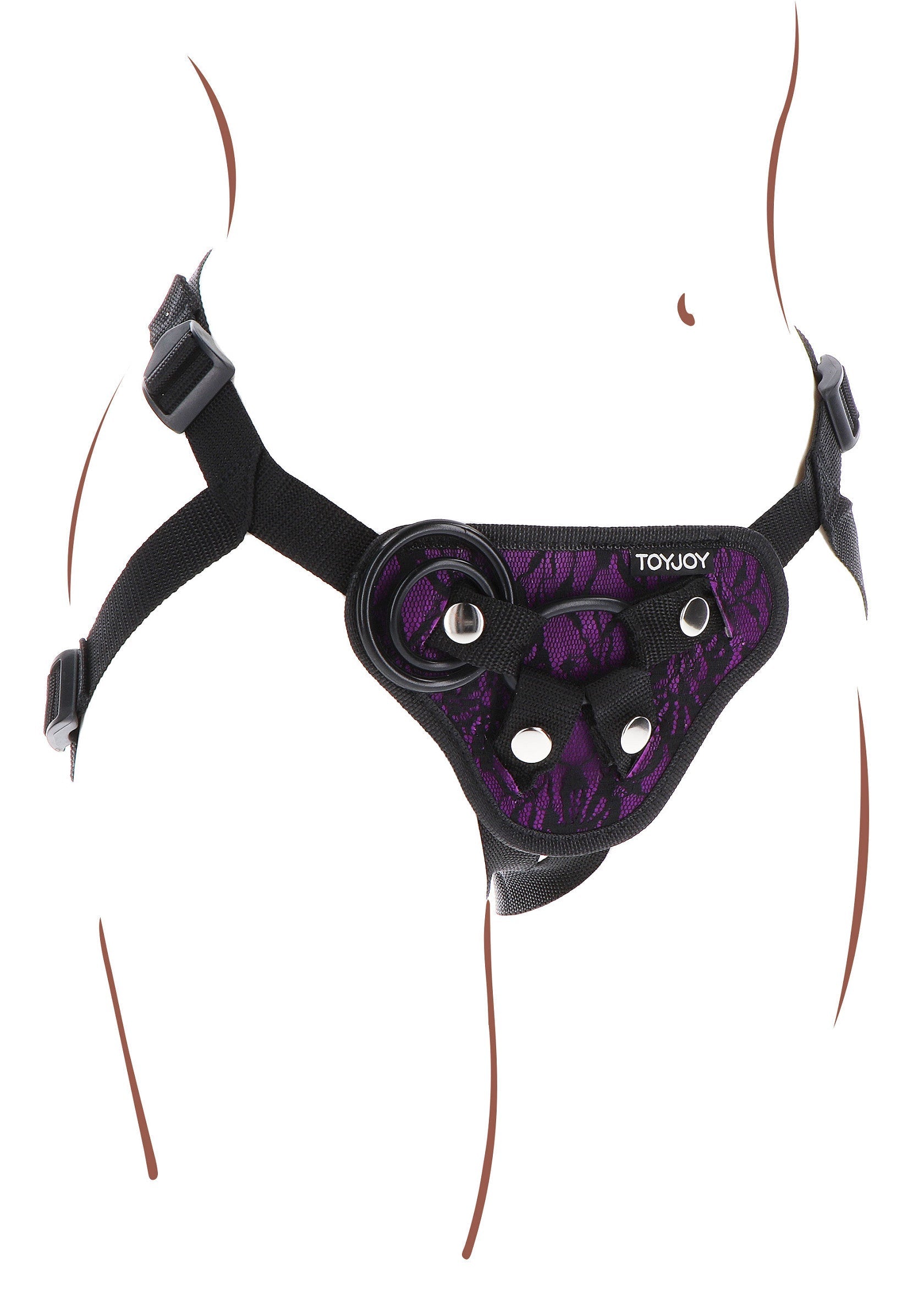 Harnais violet ToyJoy pour femme, accessoire érotique confortable et ajustable pour plus de plaisir.; Paars ToyJoy damesharnas, comfortabel en verstelbaar erotisch accessoire voor extra plezier.; Purple ToyJoy women's harness, comfortable and adjustable erotic accessory for added pleasure.