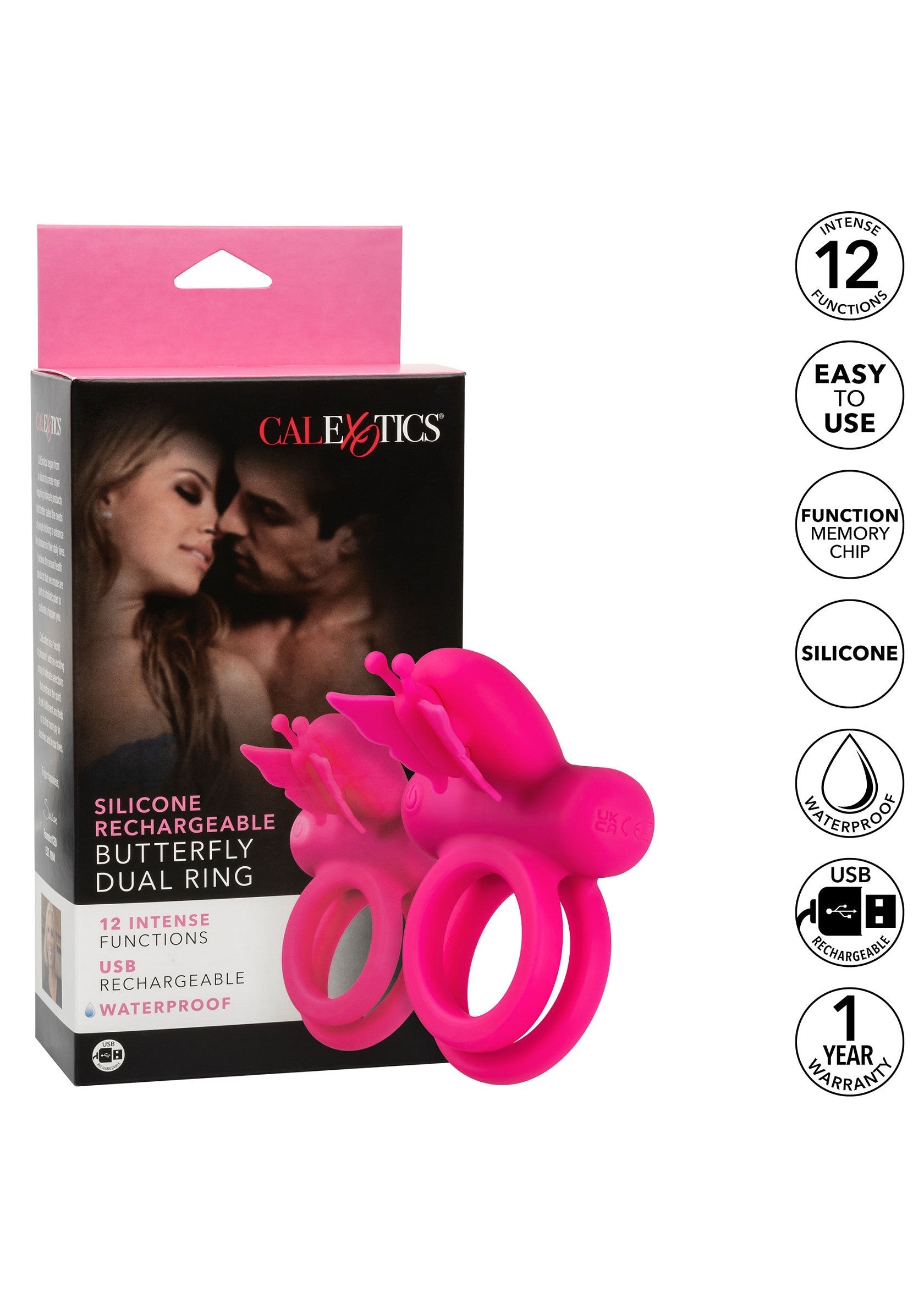 Anneau pénien double CalExotics Butterfly rechargeable USB en silicone rose, pour une stimulation intense et partagée.; CalExotics Butterfly dubbele penisring. Roze siliconen, USB oplaadbaar, voor intense en gedeelde stimulatie.; CalExotics Butterfly dual ring. Pink silicone, USB rechargeable, for intense shared pleasure and enhanced performance.