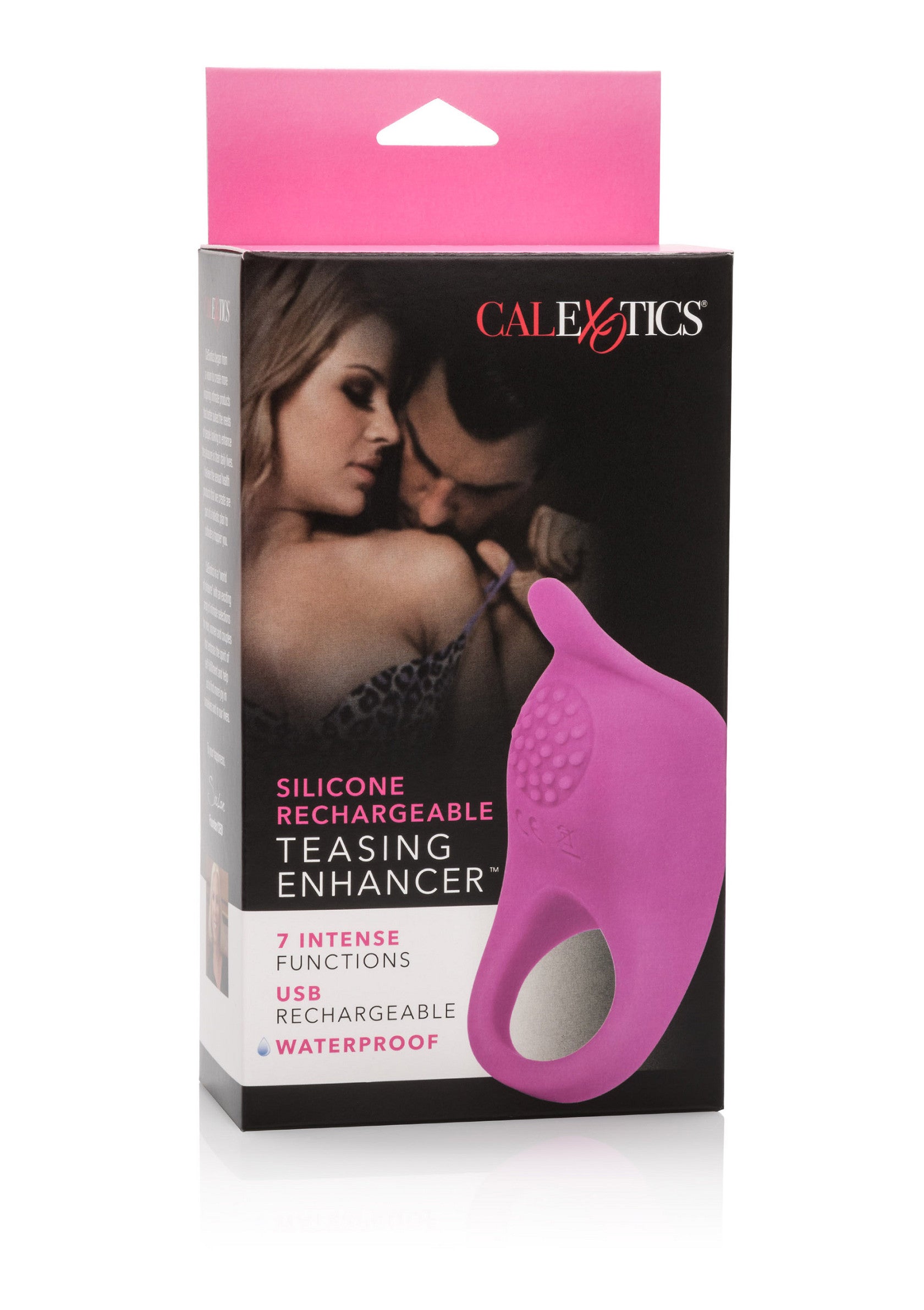 CalExotics Silicone Rechargeable Teasing Enhancer. Accessoire rose pour couples.; CalExotics Silicone Oplaadbare Teasing Enhancer. Roze accessoire voor koppels.; CalExotics Silicone Rechargeable Teasing Enhancer. Pink accessory for couples.