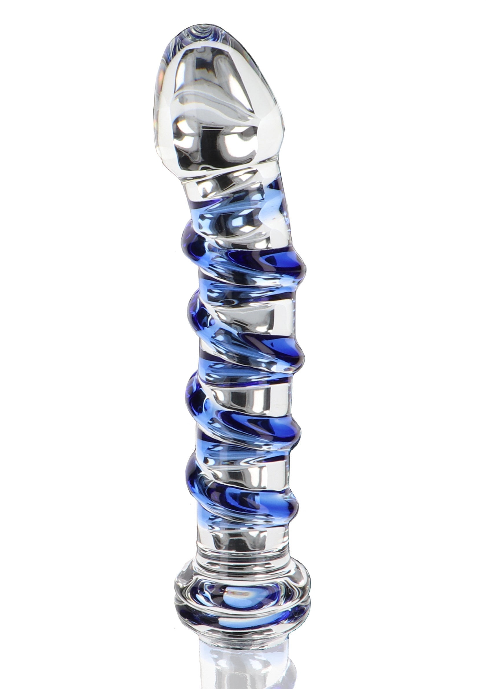 Gode en verre torsadé bleu et transparent, plaisir intime élégant et sûr.; Glazen dildo met blauwe spiraal, stijlvol en veilig intiem plezier.; Glass dildo with blue swirl, stylish and safe intimate pleasure.