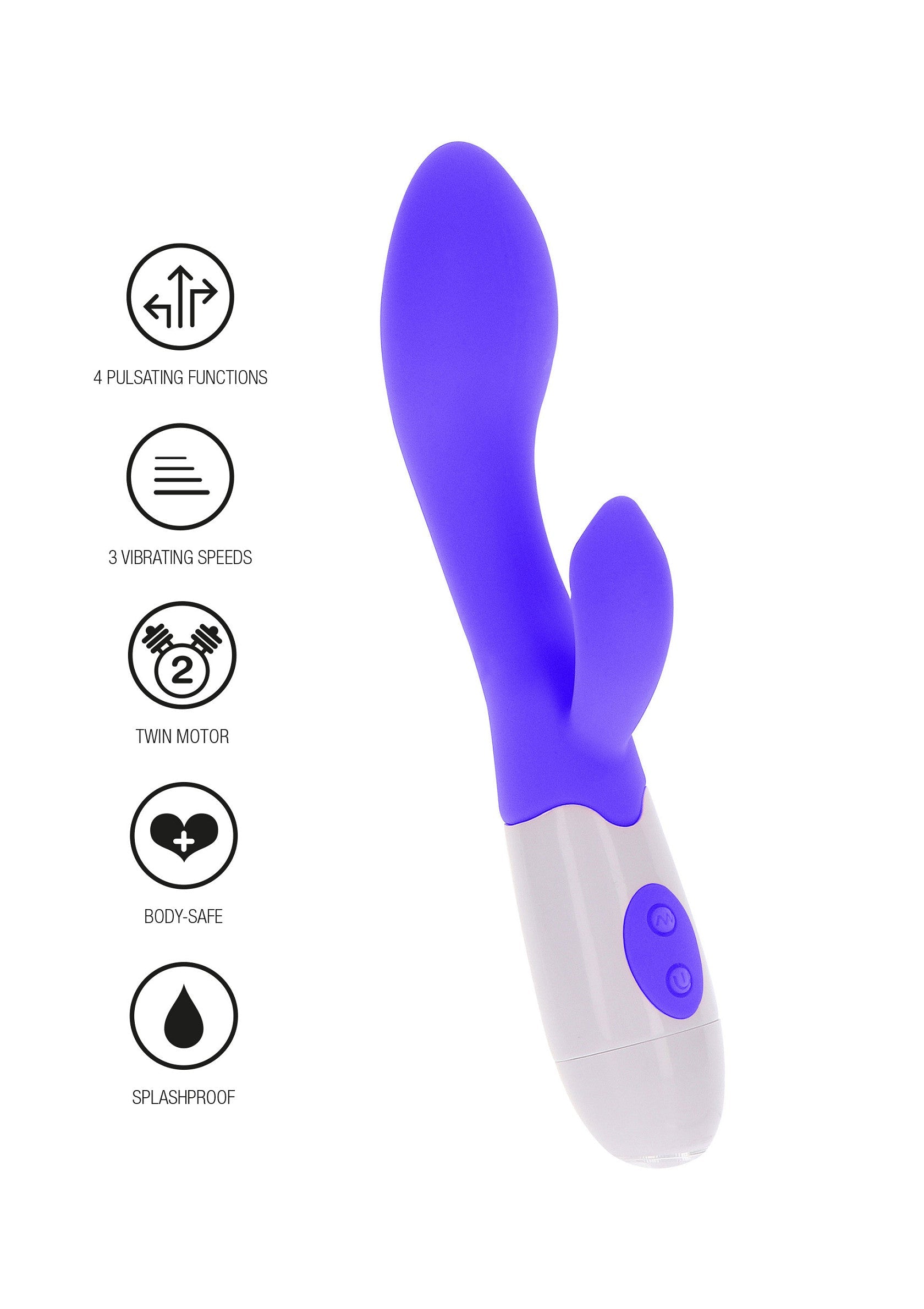 Vibromasseur double moteur violet et blanc : 4 fonctions pulsantes, 3 vitesses de vibration, étanche, sûr pour le corps.; Paarse en witte dubbele motor vibrator: 4 pulserende functies, 3 vibratiesnelheden, spatwaterdicht, veilig voor het lichaam.; Purple & White Dual Motor Vibrator: 4 Pulsating Functions, 3 Vibrating Speeds, Splashproof, Body-Safe.